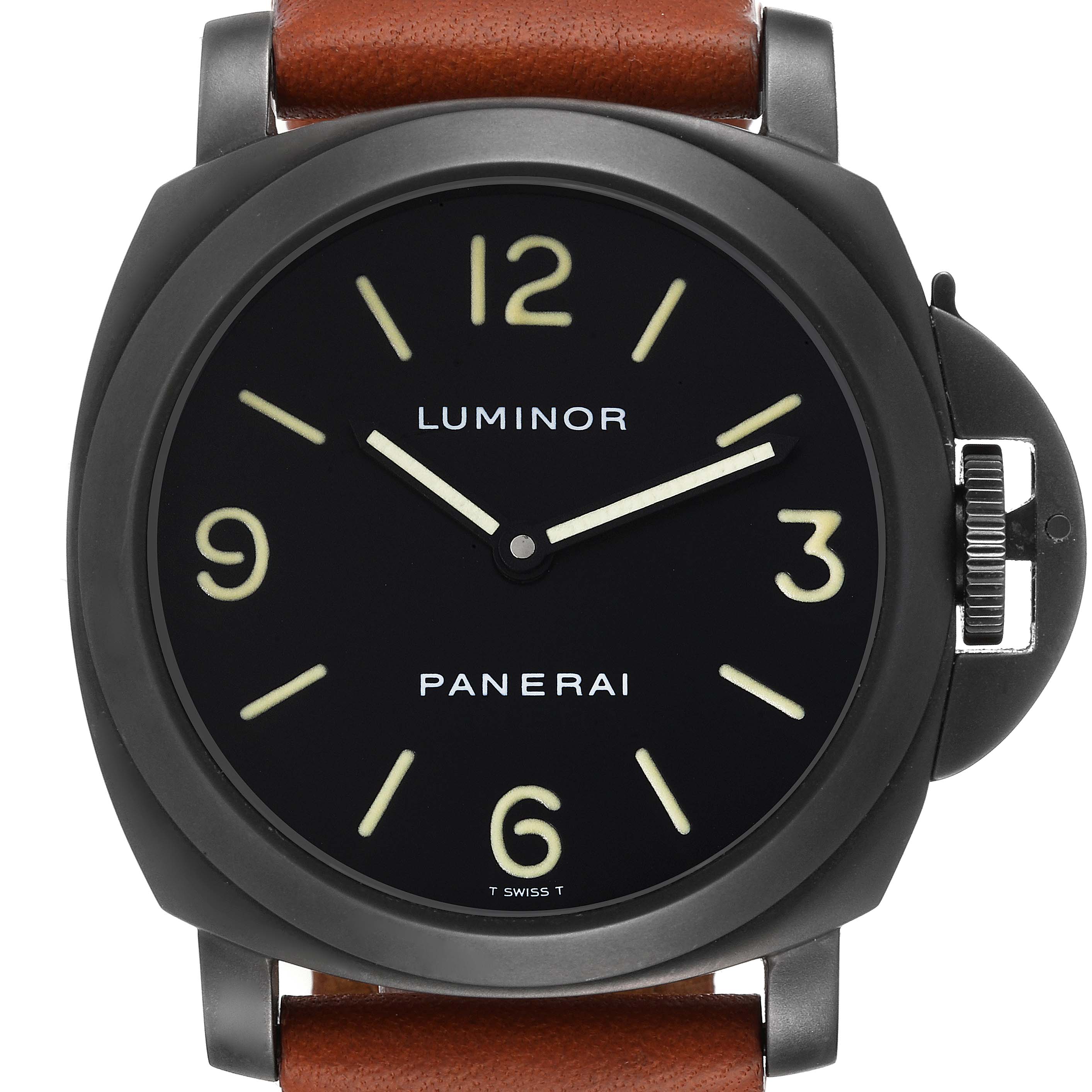 This image shows a front view of the Panerai Luminor PAM00009 Men
s Stainless Steel Black Dial PAM00009 Men
s Stainless Steel Black Dial watch with a brown leather strap and its distinct crown guard.