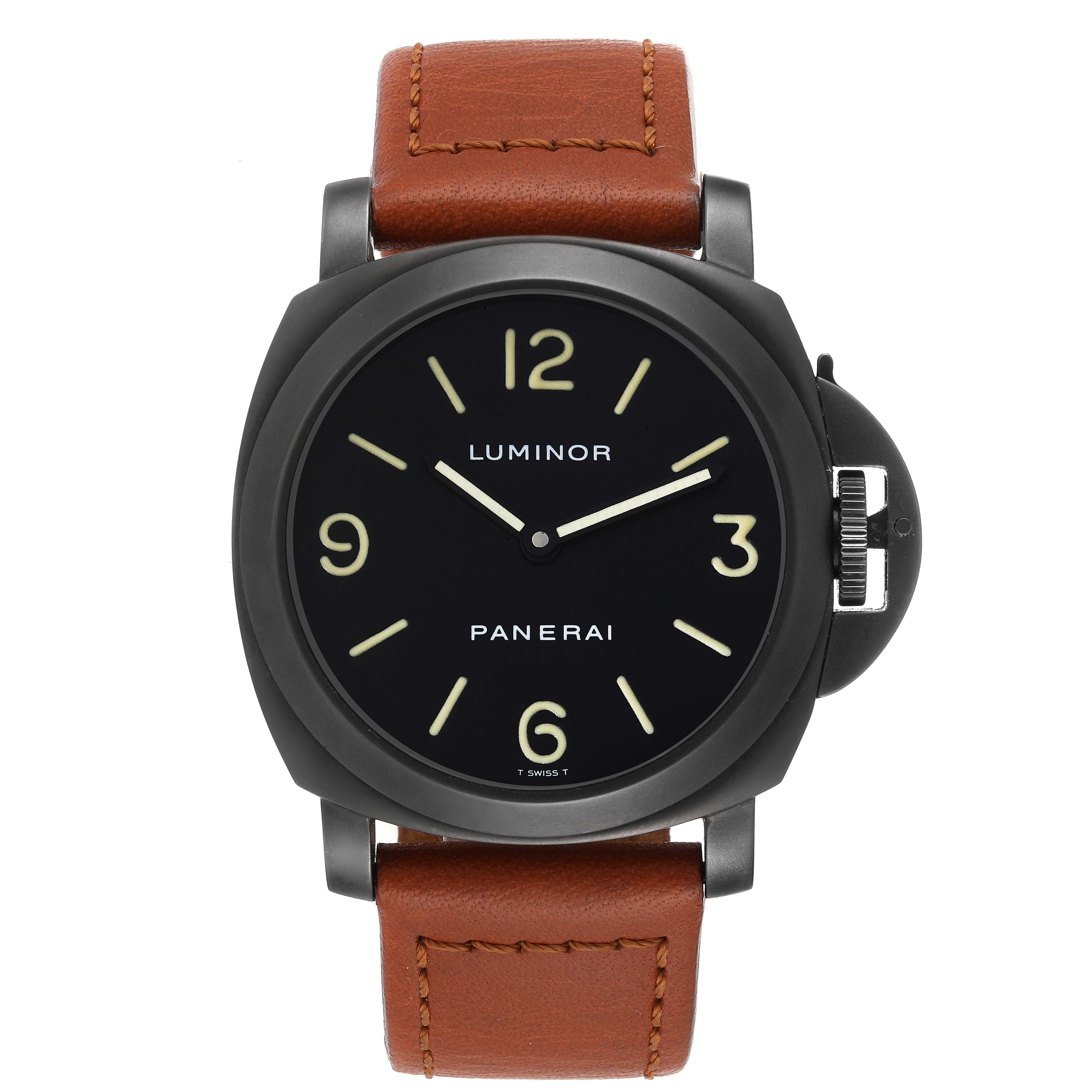This image shows a front view of a Panerai Luminor PAM00009 Men
s Stainless Steel Black Dial PAM00009 Men
s Stainless Steel Black Dial watch with a brown leather strap and black dial.