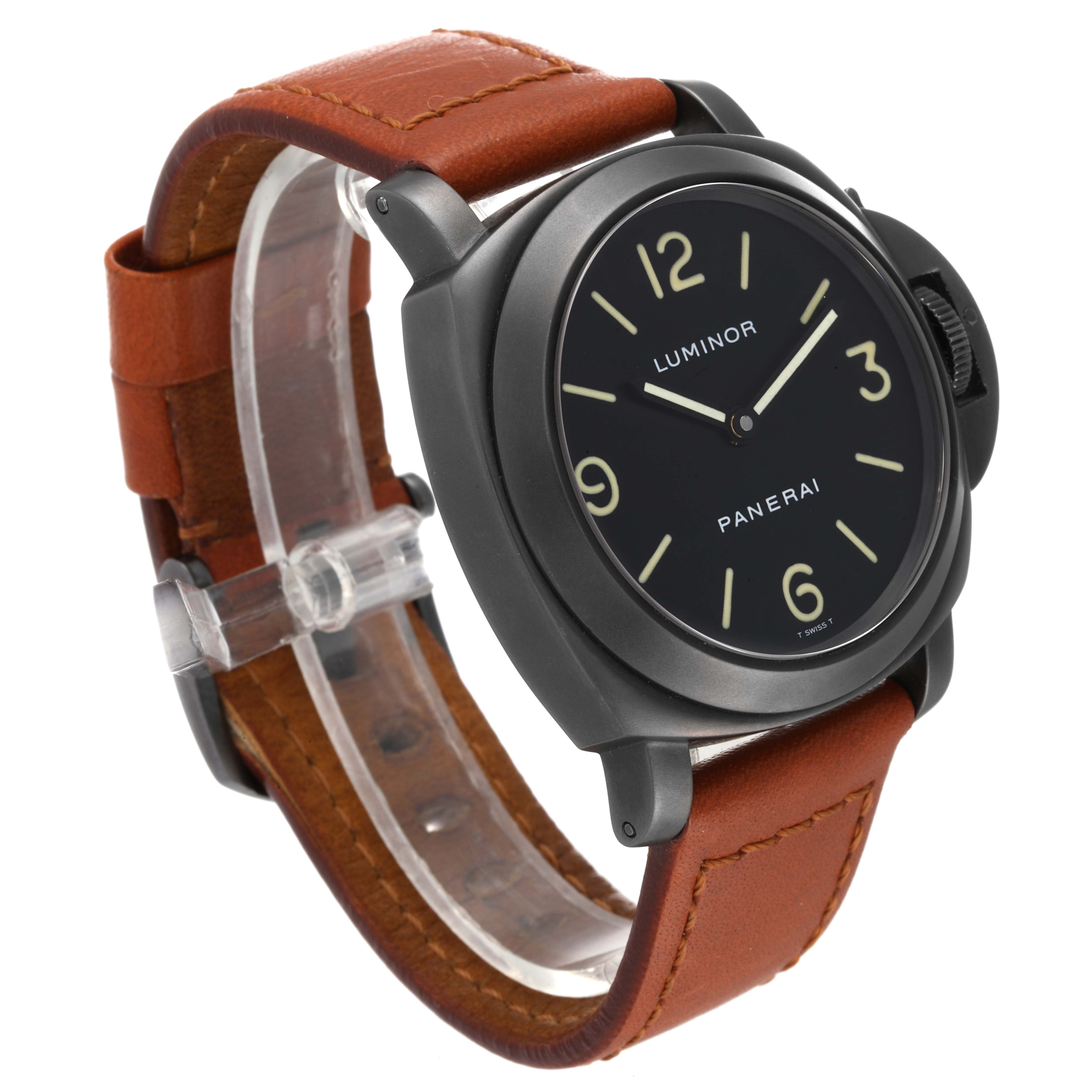 The image shows a Panerai Luminor PAM00009 Men
s Stainless Steel Black Dial PAM00009 Men
s Stainless Steel Black Dial watch at an angled view, highlighting the face, crown guard, and brown leather strap.