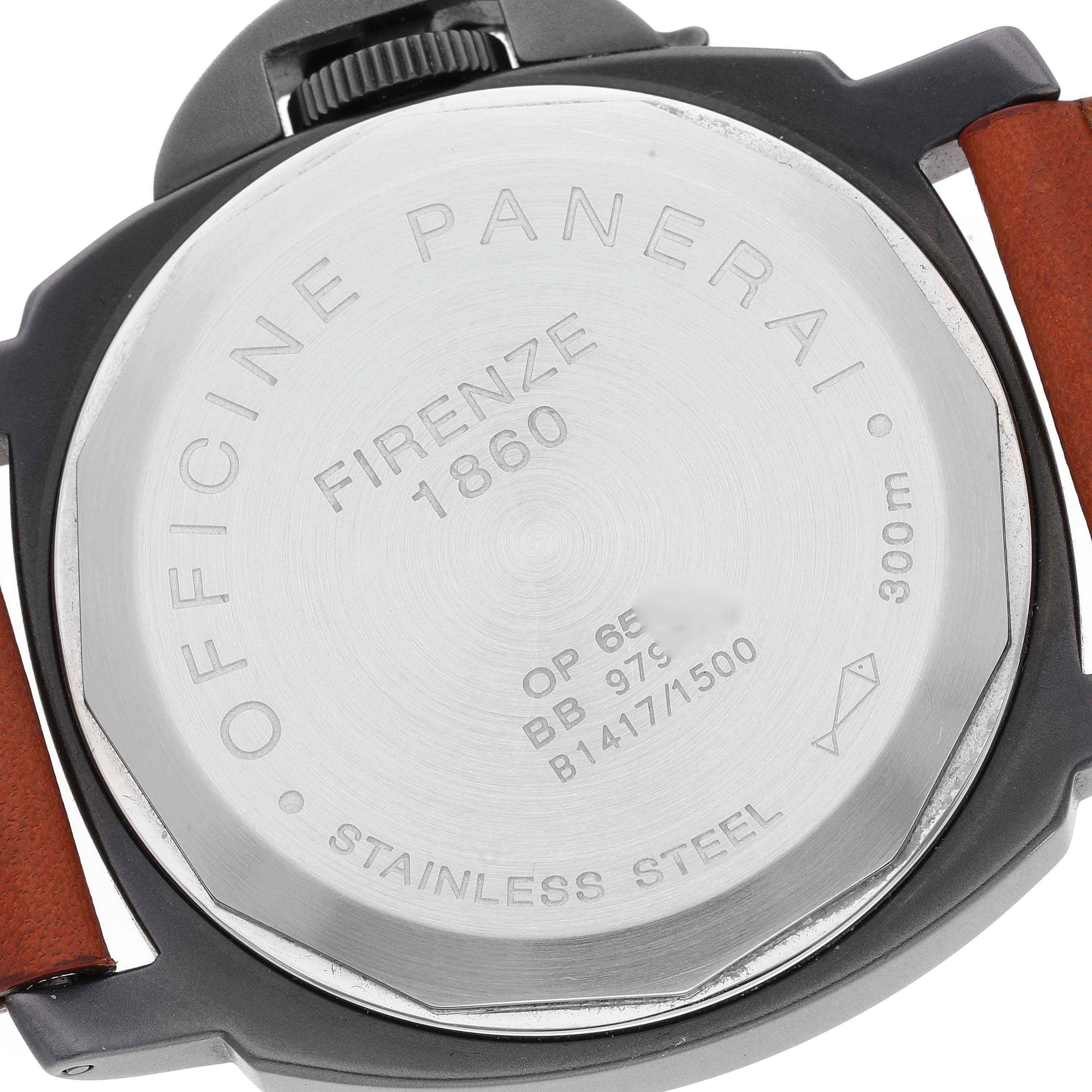 The image shows the back case of a Panerai Luminor PAM00009 Men
s Stainless Steel Black Dial PAM00009 Men
s Stainless Steel Black Dial watch, highlighting its engravings and stainless steel material.