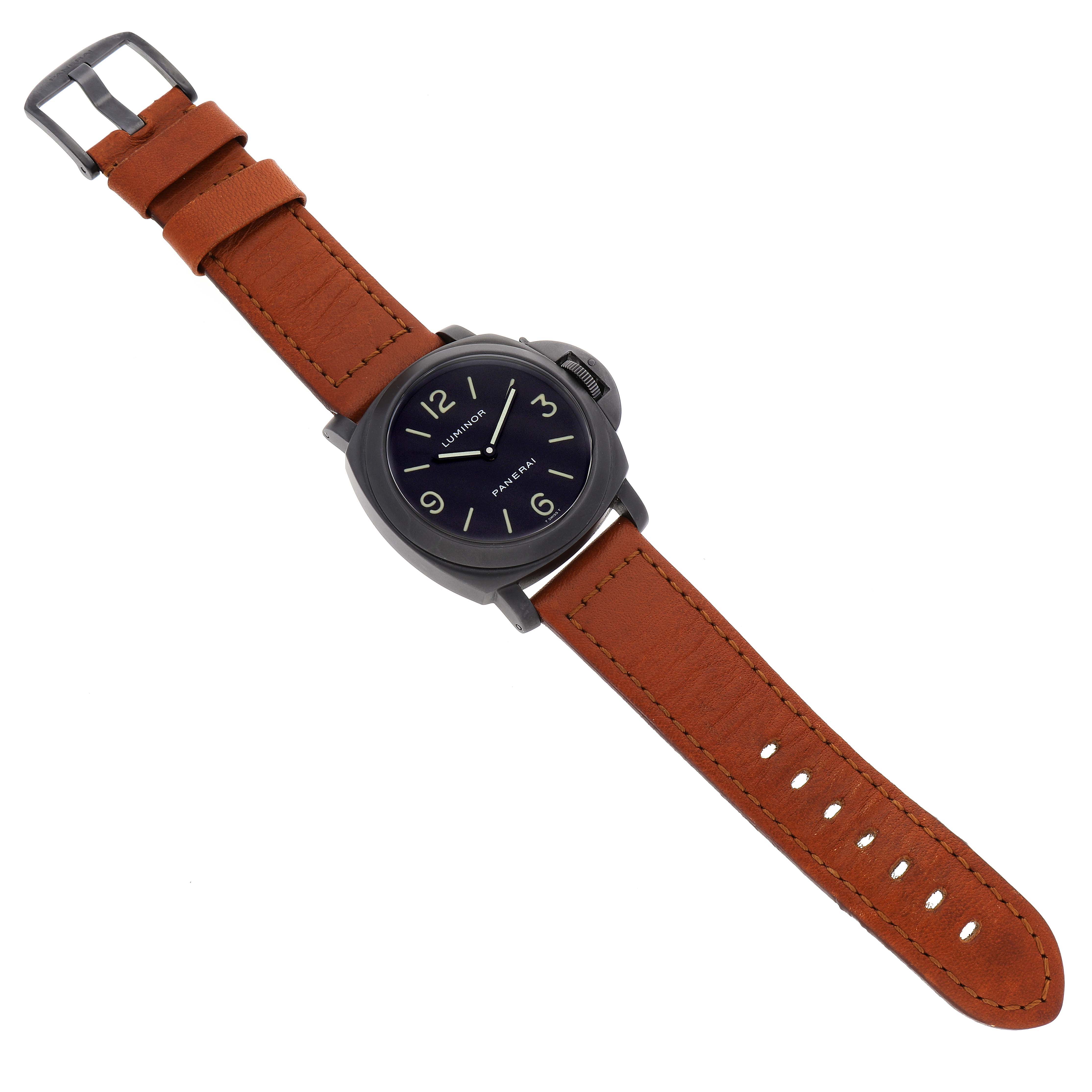 This image shows a Panerai Luminor PAM00009 Men
s Stainless Steel Black Dial PAM00009 Men
s Stainless Steel Black Dial watch from a top-down angle, highlighting the face, case, and leather strap.