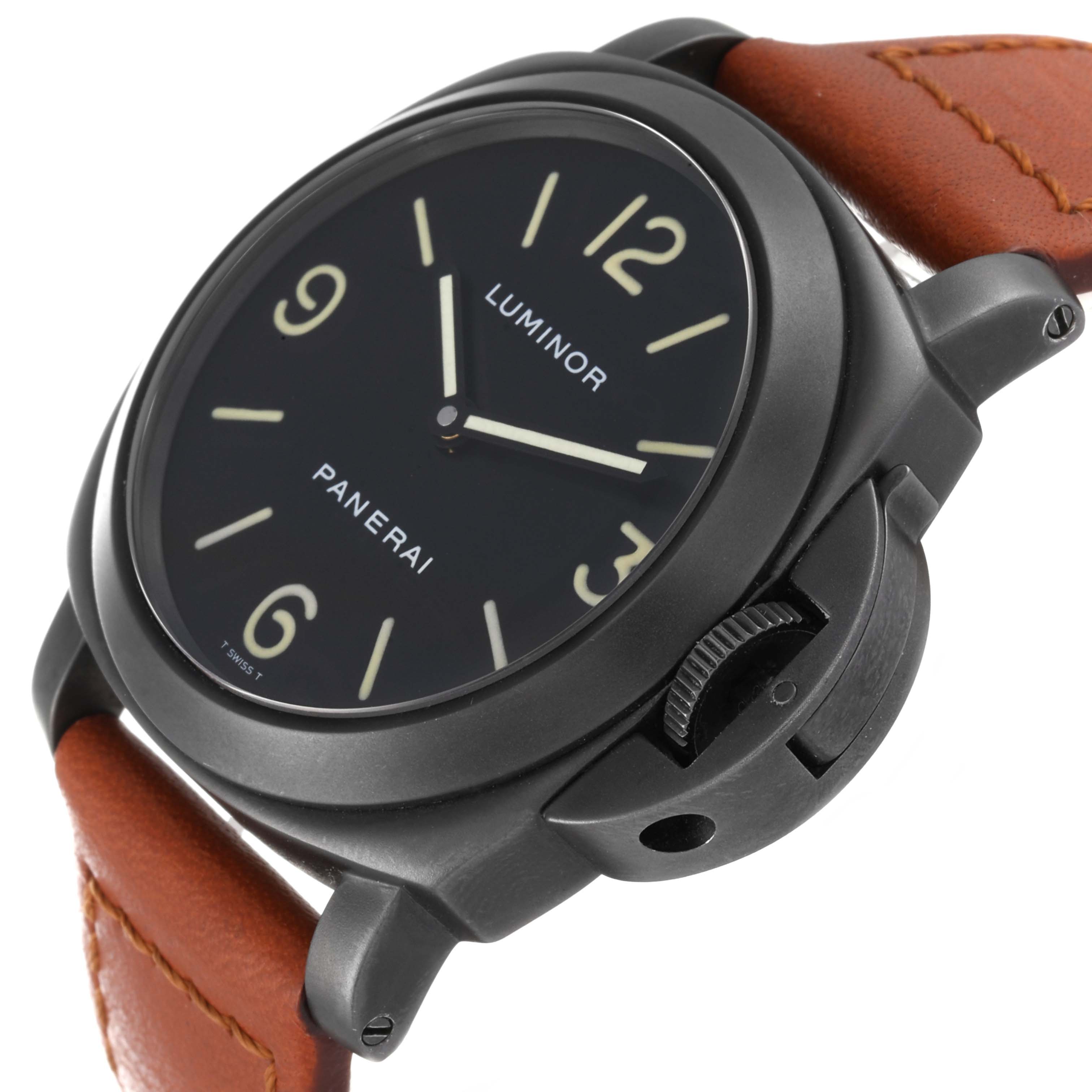 The image shows a Panerai Luminor PAM00009 Men
s Stainless Steel Black Dial PAM00009 Men
s Stainless Steel Black Dial watch from an angle highlighting the face, crown guard, and leather strap.