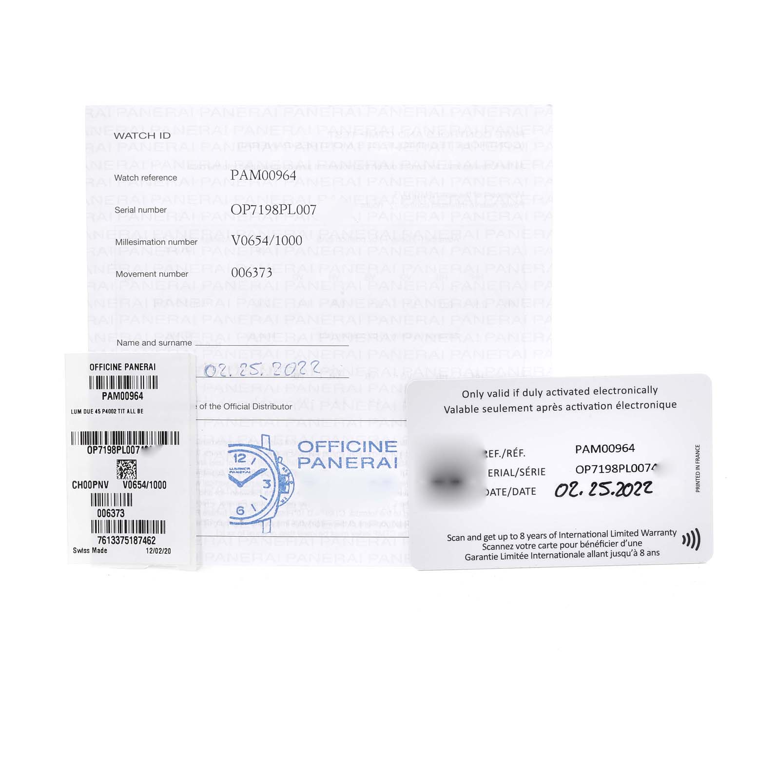 The image features warranty and identification cards for the Panerai Luminor Due PAM00964 Men
s Titanium Blue Dial PAM00964 Men
s Titanium Blue Dial model PAM00964.