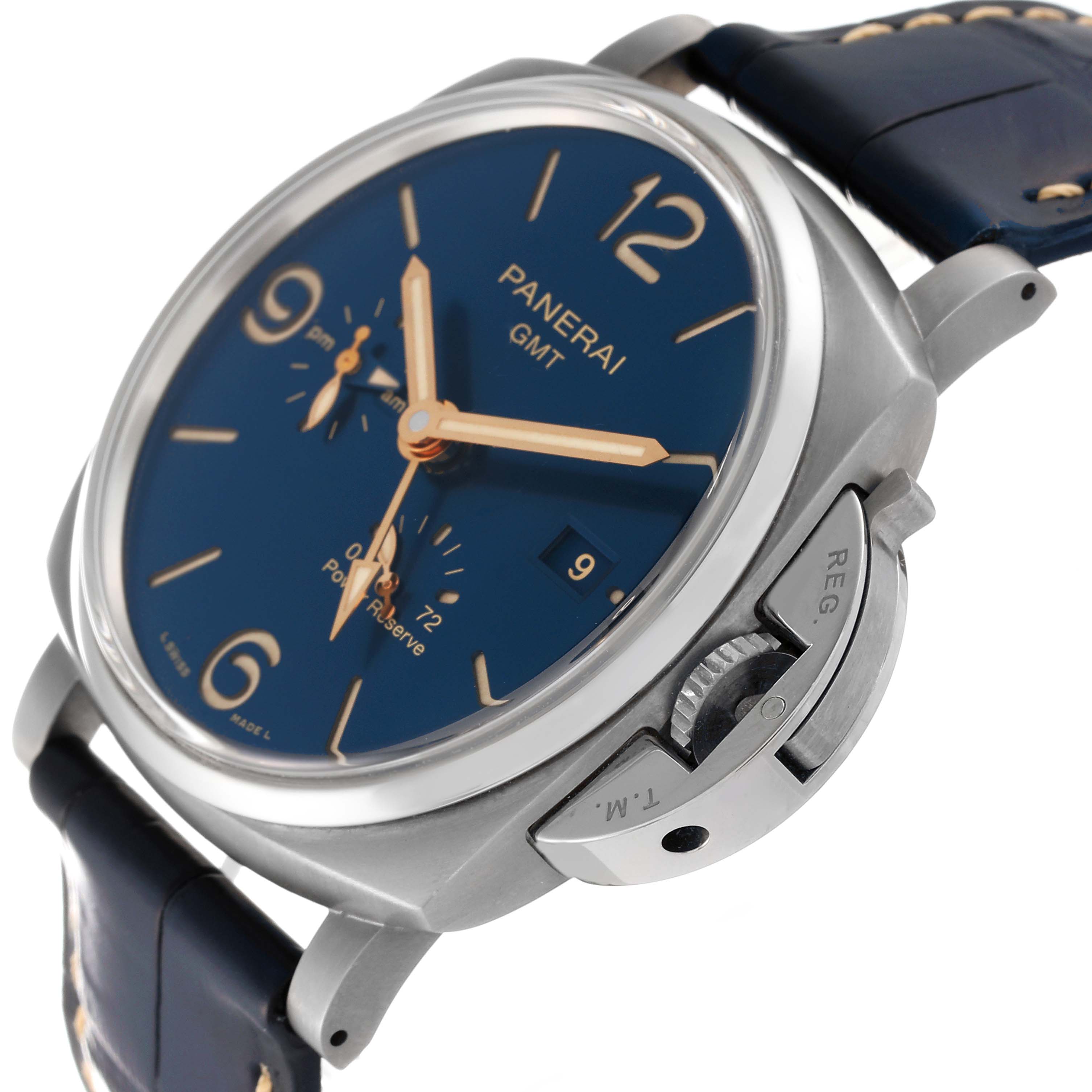 The image shows a Panerai Luminor Due PAM00964 Men
s Titanium Blue Dial PAM00964 Men
s Titanium Blue Dial watch at an angle highlighting the dial, crown guard, and part of the strap.