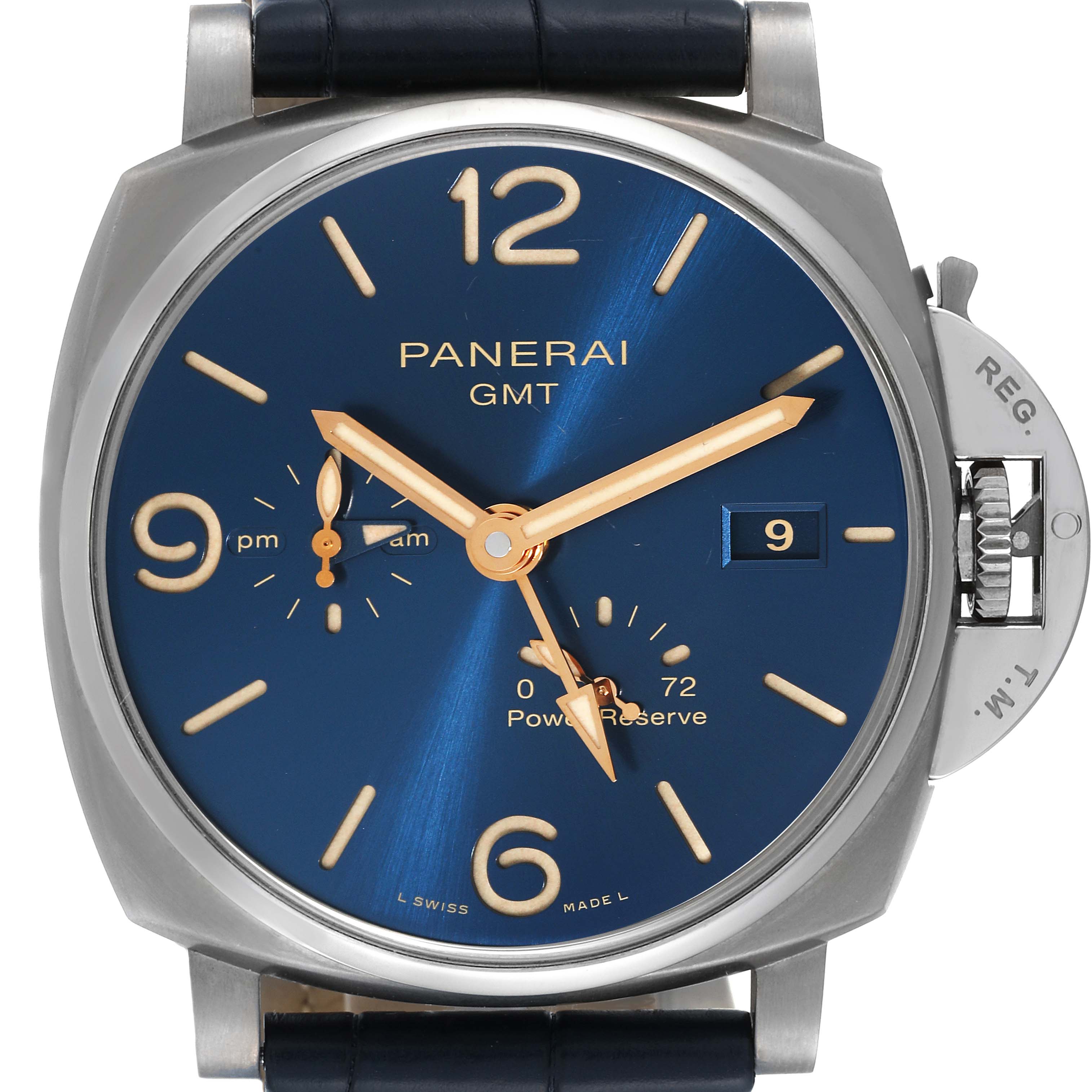 The image shows a front view of the Panerai Luminor Due PAM00964 Men
s Titanium Blue Dial PAM00964 Men
s Titanium Blue Dial watch, highlighting its dial, hands, date, and crown guard.