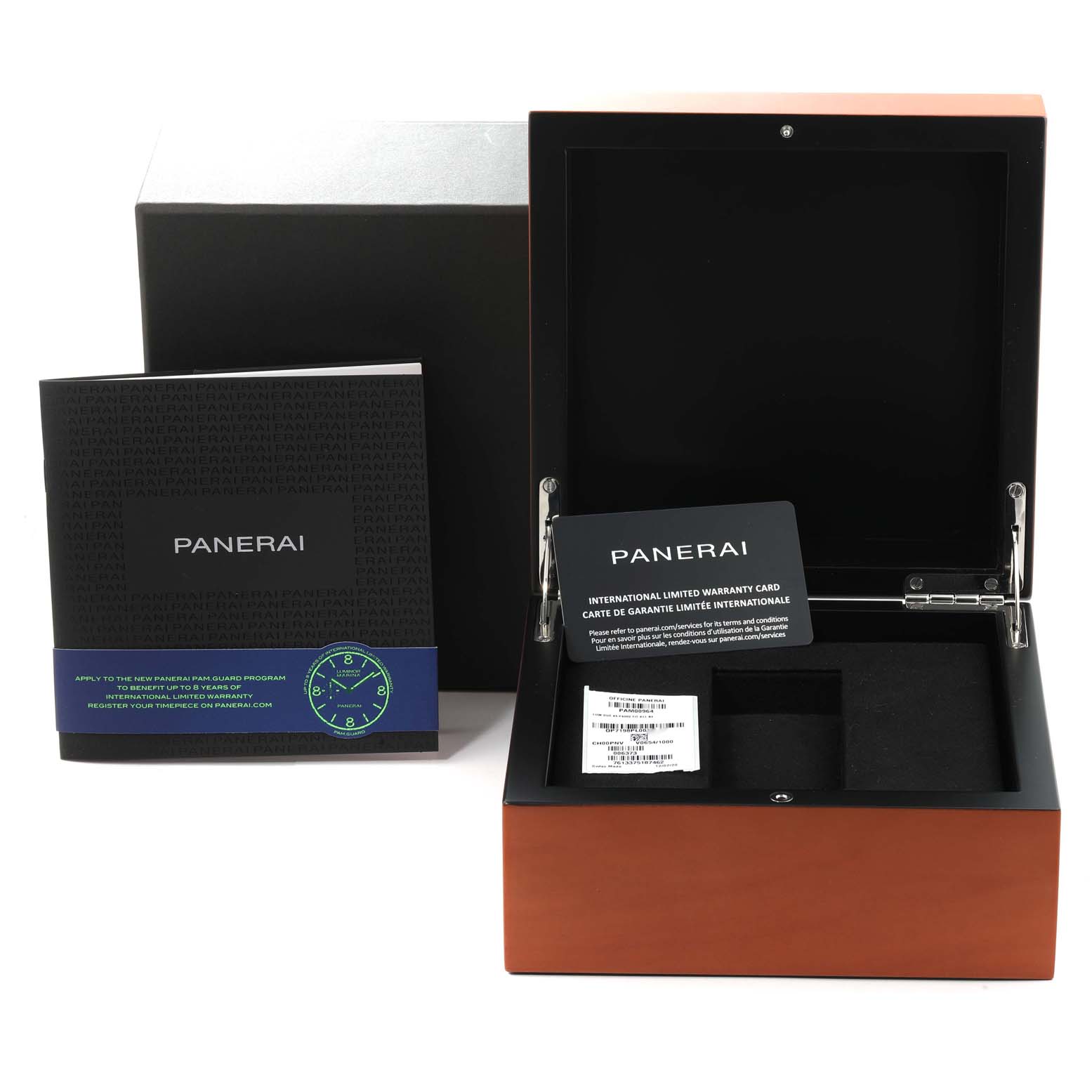 The image shows the packaging, warranty card, and manual of the Panerai Luminor Due PAM00964 Men
s Titanium Blue Dial PAM00964 Men
s Titanium Blue Dial model.