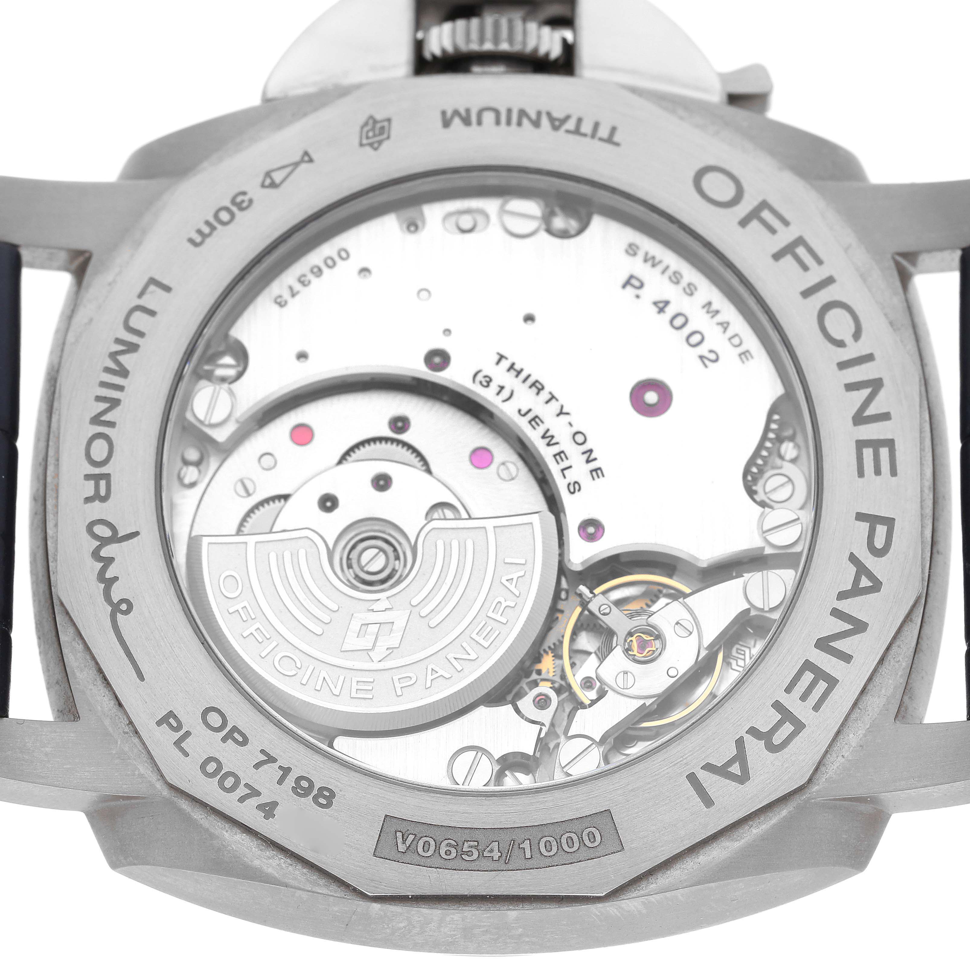 The image shows the back of the Panerai Luminor Due PAM00964 Men
s Titanium Blue Dial PAM00964 Men
s Titanium Blue Dial watch, revealing its internal mechanism and engravings.