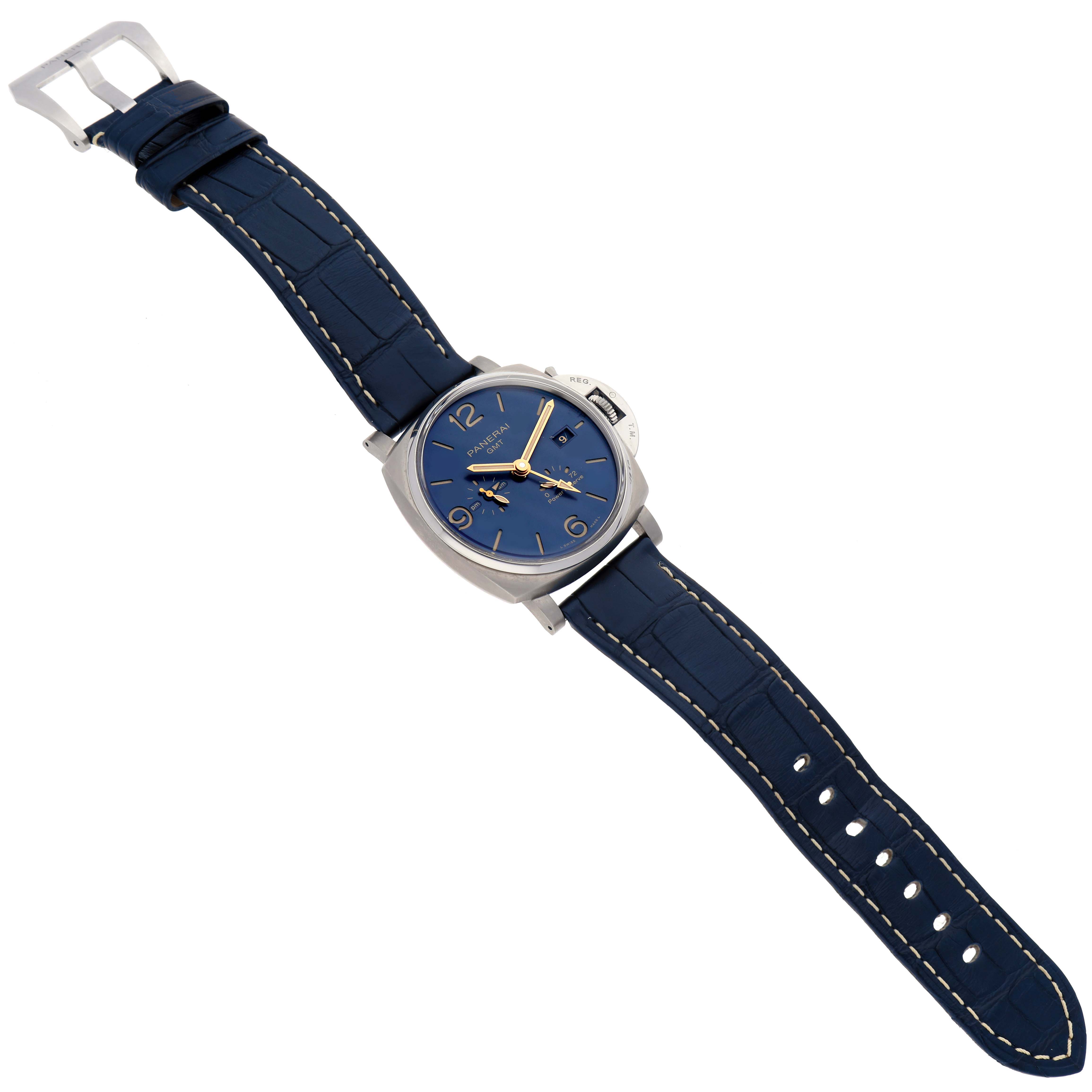 The image shows a top-down view of a Panerai Luminor Due PAM00964 Men
s Titanium Blue Dial PAM00964 Men
s Titanium Blue Dial watch with a blue dial and blue leather strap.
