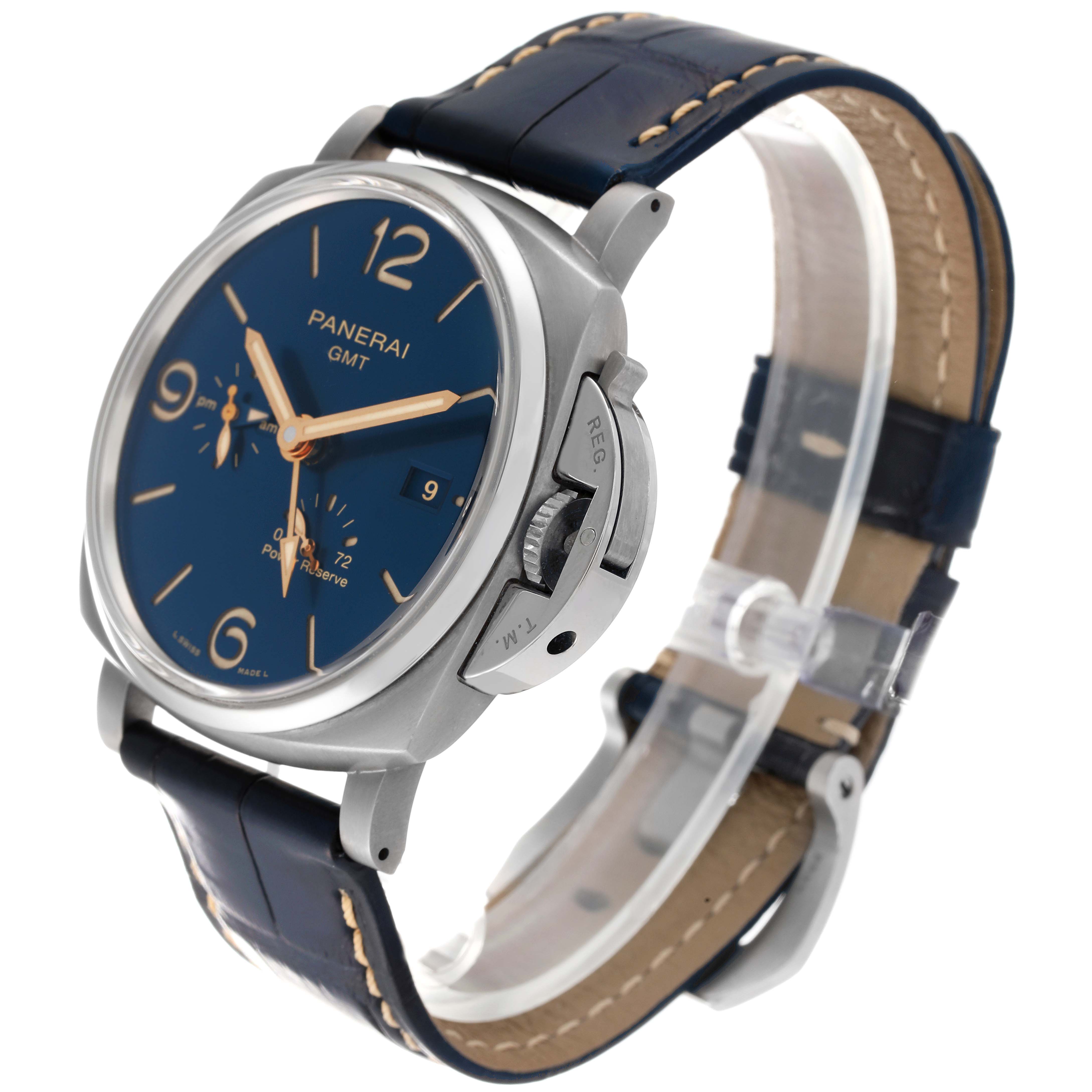The image shows a side angle of a Panerai Luminor Due PAM00964 Men
s Titanium Blue Dial PAM00964 Men
s Titanium Blue Dial watch, highlighting the face, crown, and blue leather strap.