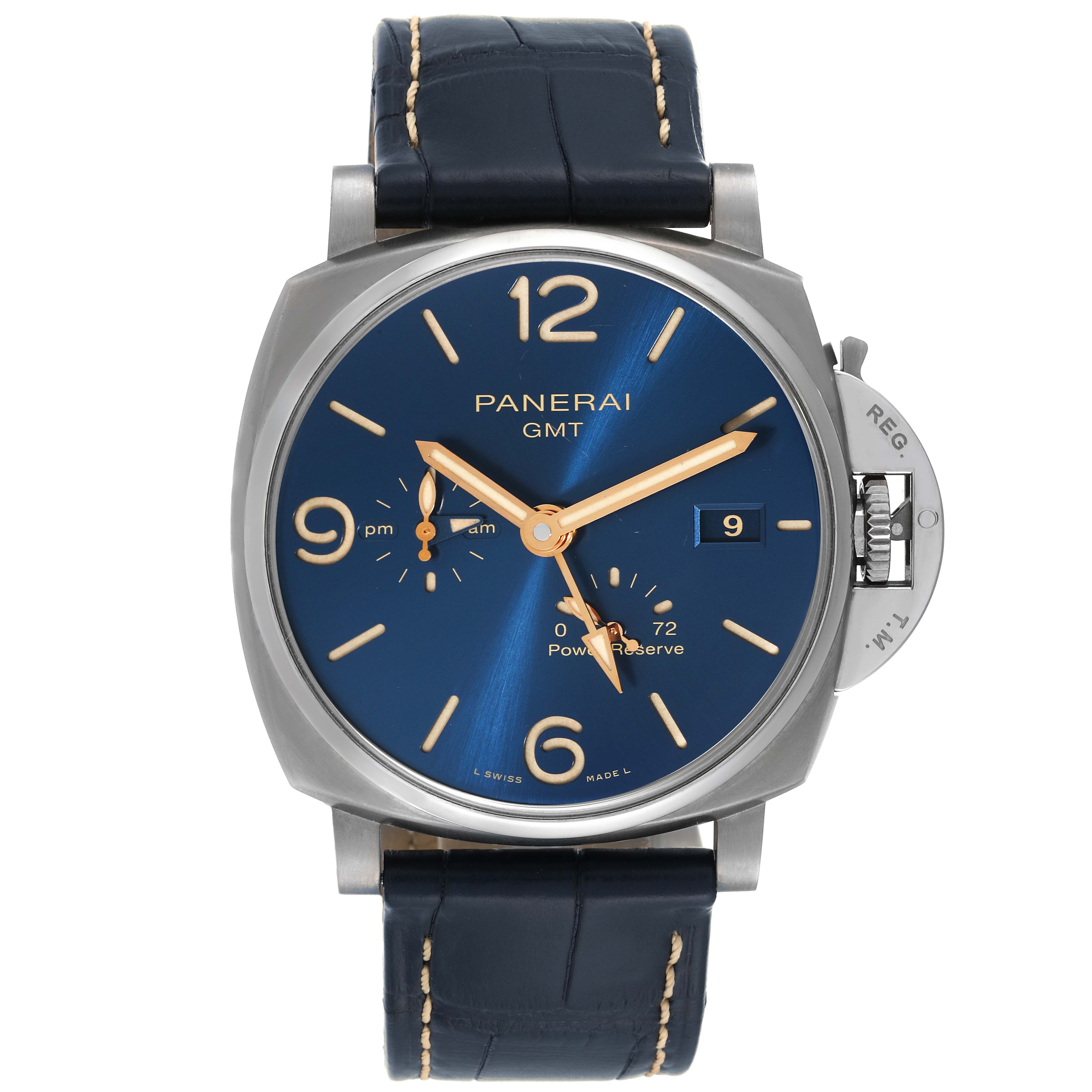 The image shows a front view of the Panerai Luminor Due PAM00964 Men
s Titanium Blue Dial PAM00964 Men
s Titanium Blue Dial watch, showcasing its dial, hands, and strap.