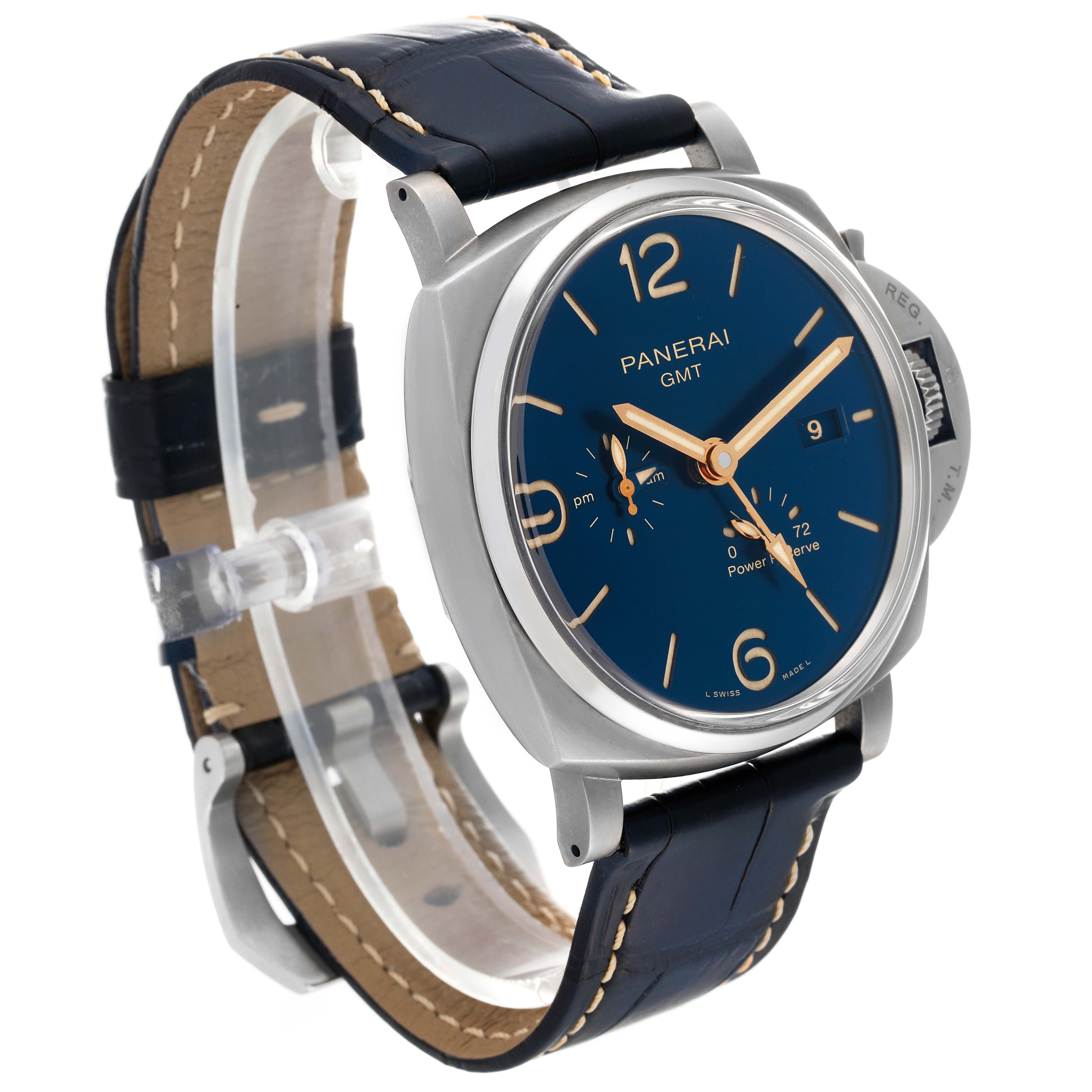 The image shows a Panerai Luminor Due PAM00964 Men
s Titanium Blue Dial PAM00964 Men
s Titanium Blue Dial model watch at a three-quarter angle, highlighting its blue dial, leather strap, and side crown.