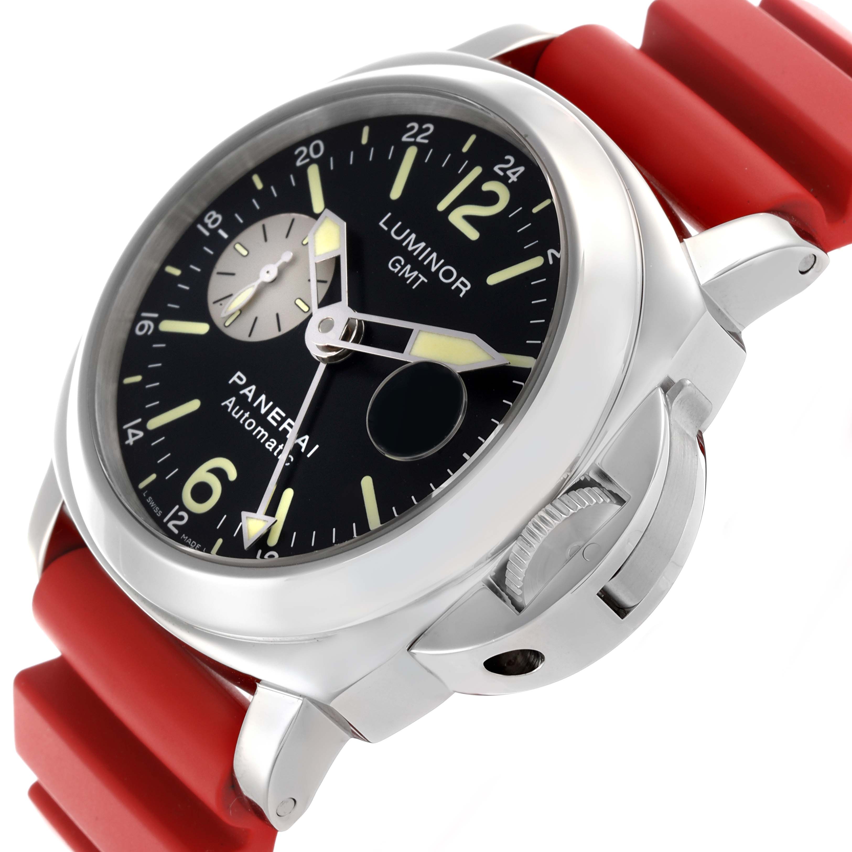 The Panerai Luminor PAM00088 Men's Stainless Steel Black Dial PAM00088 Men's Stainless Steel Black Dial watch is shown at a side angle highlighting the dial, crown guard, and red strap.