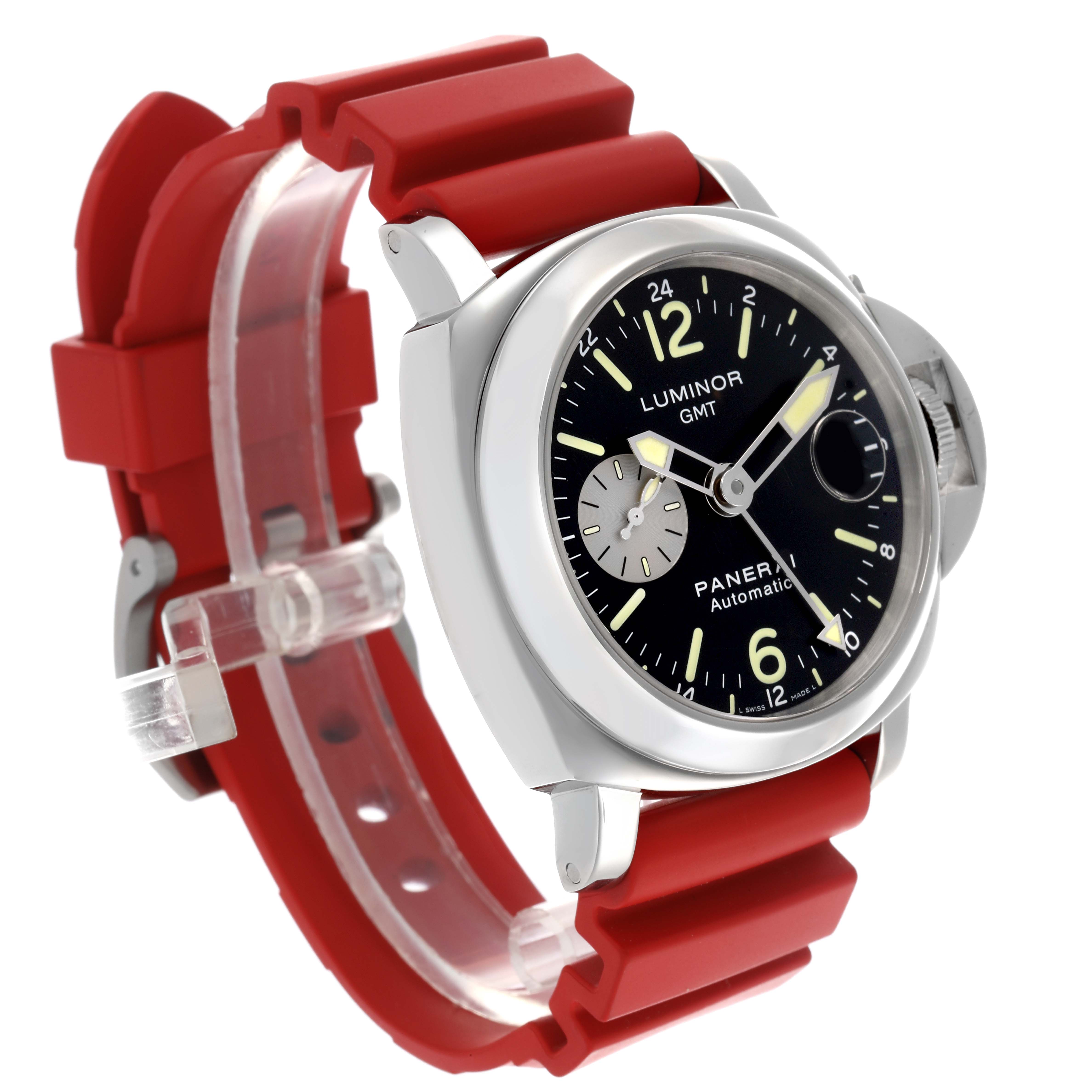 The image shows a side view of a Panerai Luminor PAM00088 Men's Stainless Steel Black Dial PAM00088 Men's Stainless Steel Black Dial watch with a red rubber strap, highlighting the face and crown guard.