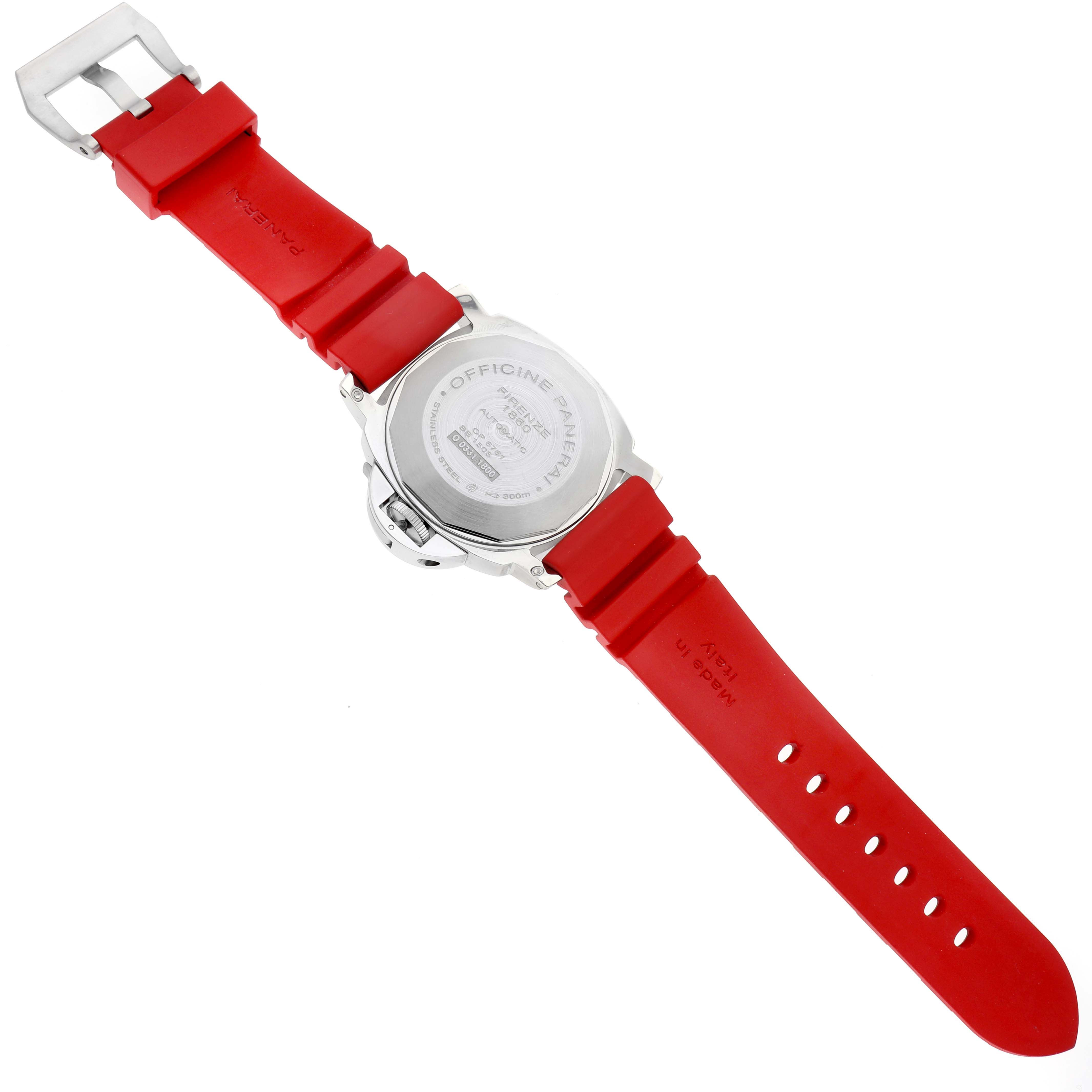 The image shows the back view of a Panerai Luminor PAM00088 Men's Stainless Steel Black Dial PAM00088 Men's Stainless Steel Black Dial watch with a red strap and buckle.