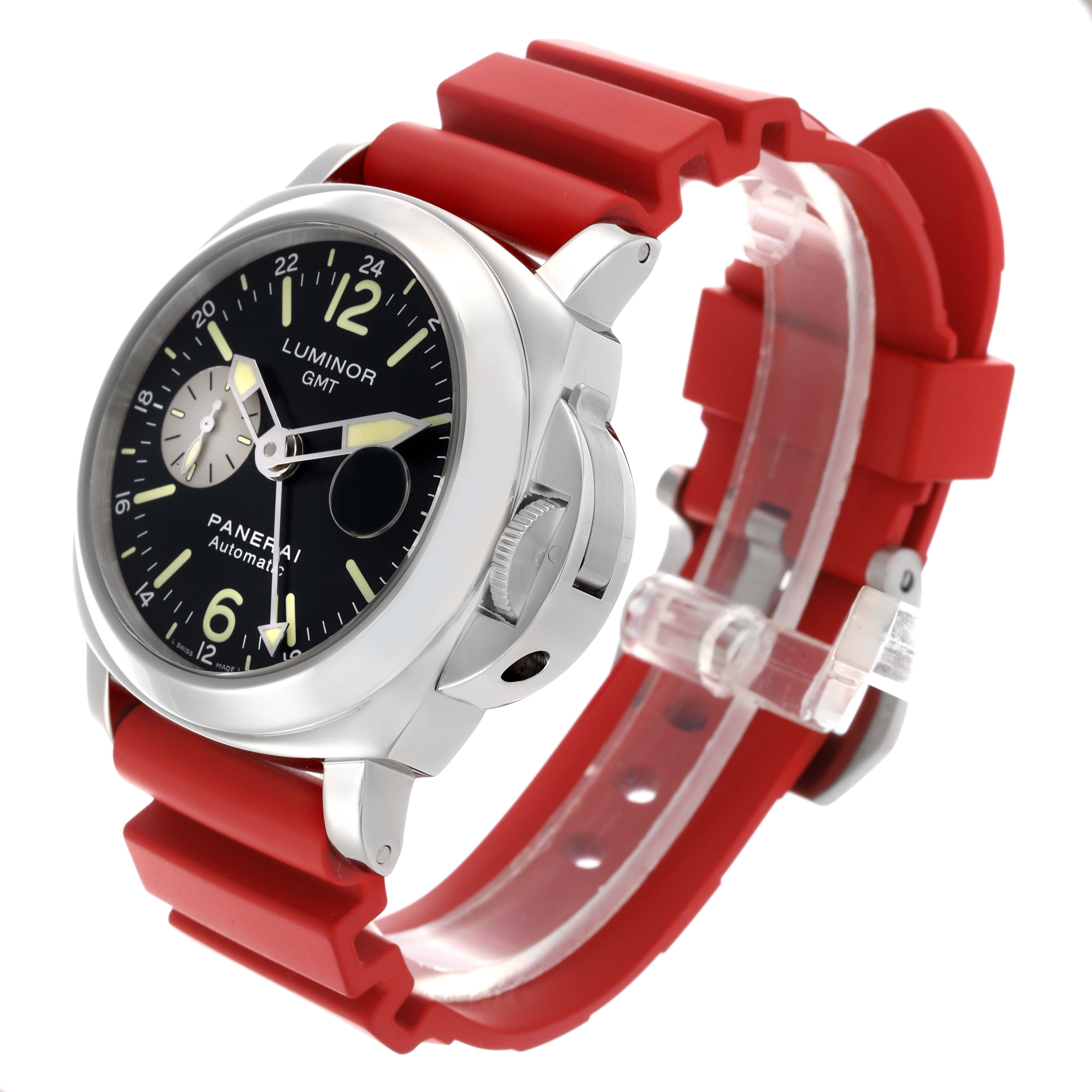 The Panerai Luminor PAM00088 Men's Stainless Steel Black Dial PAM00088 Men's Stainless Steel Black Dial watch is shown at a three-quarter angle, highlighting the dial, bezel, and red strap.