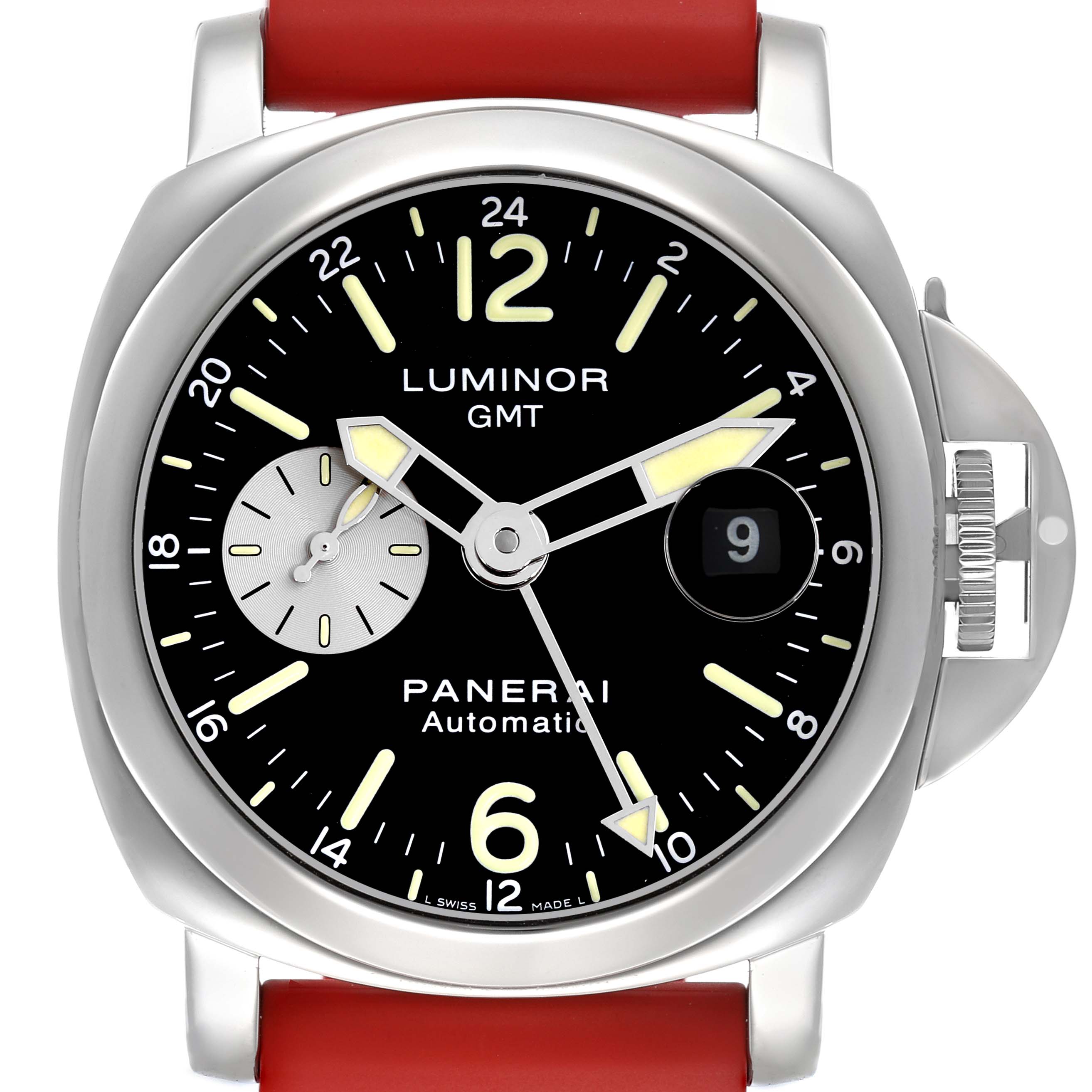 The Panerai Luminor PAM00088 Men's Stainless Steel Black Dial PAM00088 Men's Stainless Steel Black Dial watch is shown from the front, highlighting the dial, hands, and crown guard.
