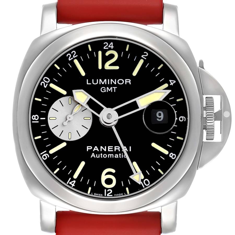 The Panerai Luminor watch is shown from the front, highlighting the dial, hands, and crown guard.