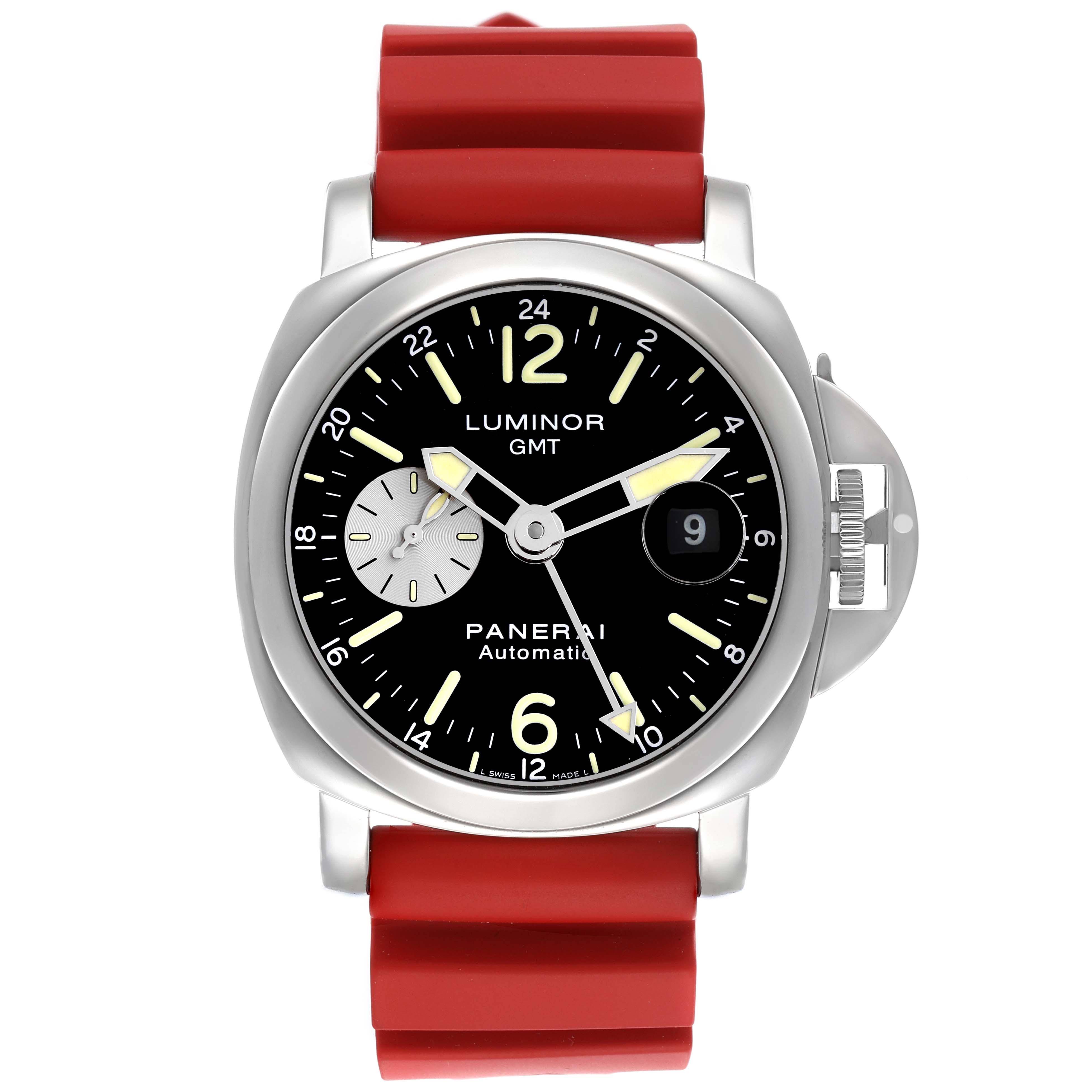 The Panerai Luminor PAM00088 Men's Stainless Steel Black Dial PAM00088 Men's Stainless Steel Black Dial watch is shown from the front, displaying its face, crown guard, and red strap.