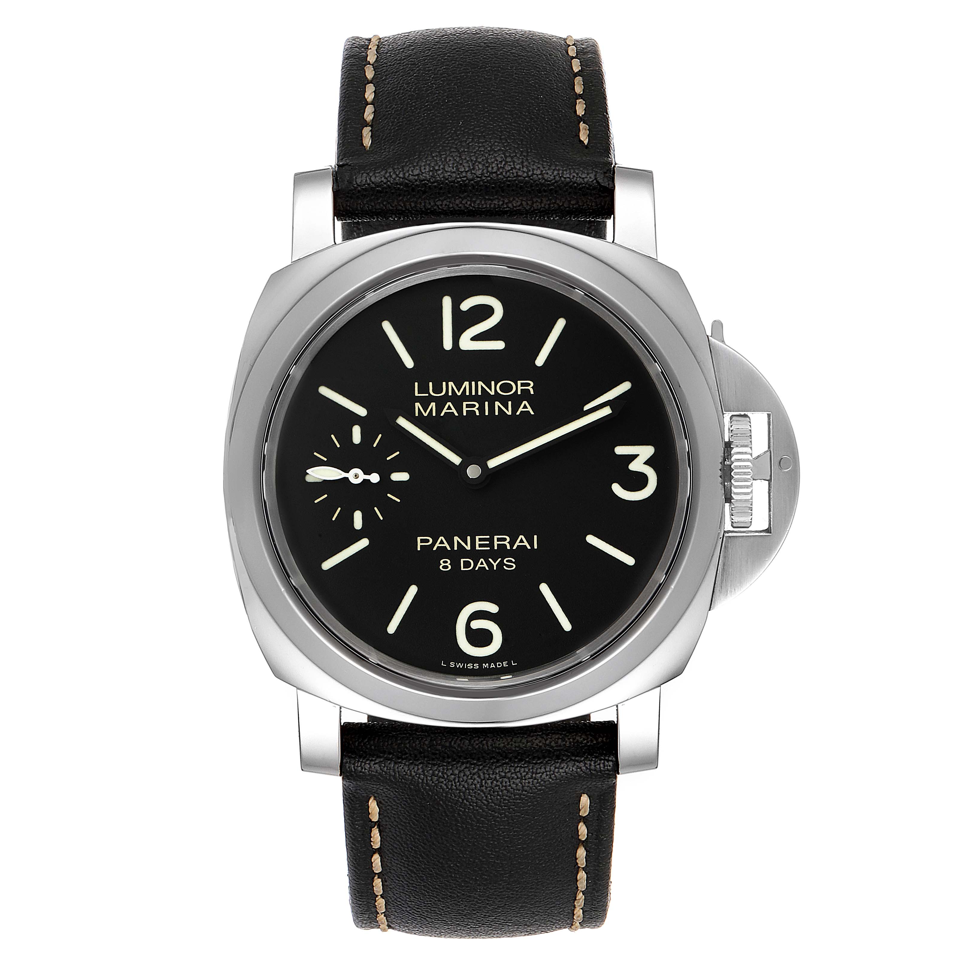 The Panerai Luminor 30562 Men
s Stainless Steel Black Dial 30562 Men
s Stainless Steel Black Dial watch is shown from a top-down angle, displaying the dial, case, crown guard, and leather strap.