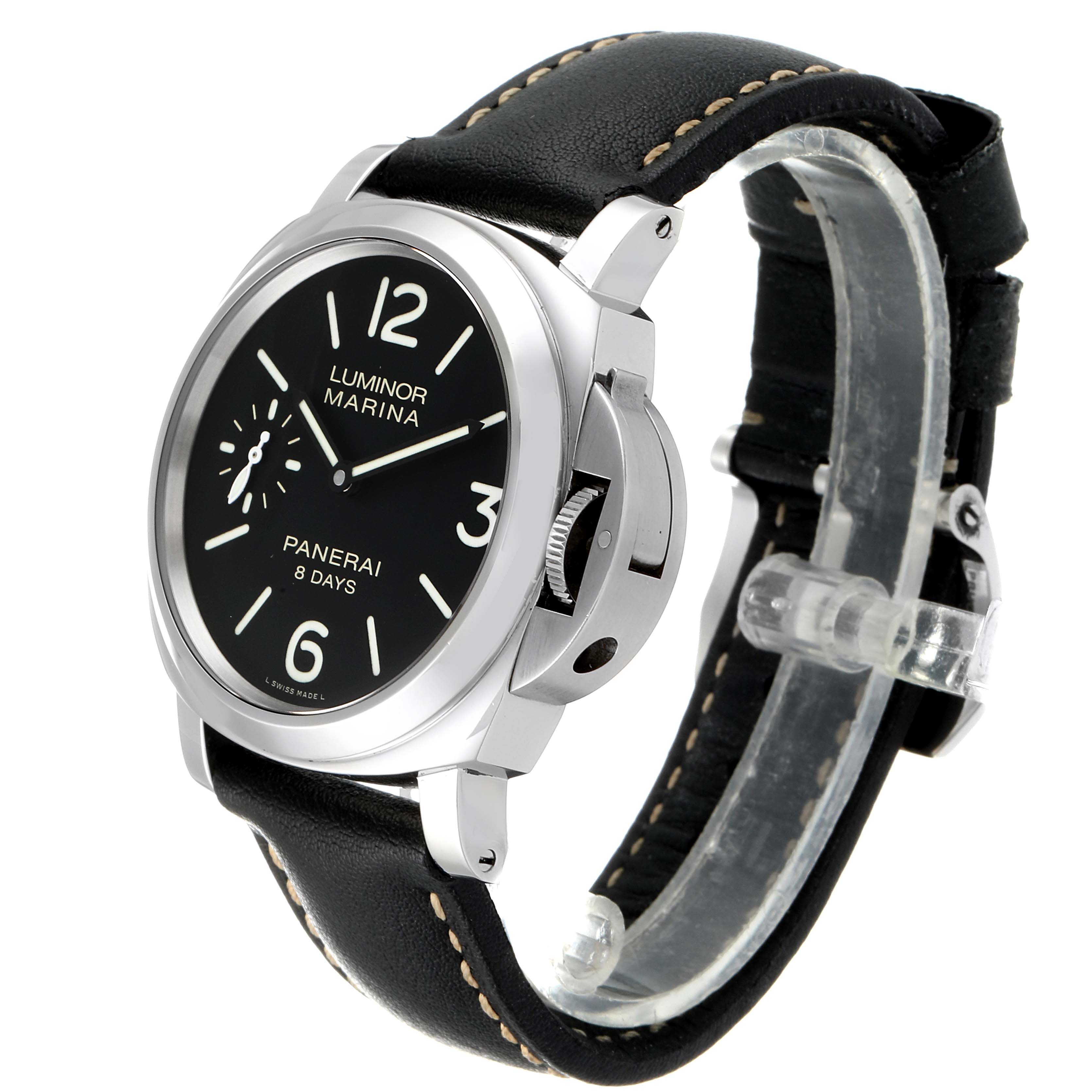 The image shows a side angle view of a Panerai Luminor 30562 Men
s Stainless Steel Black Dial 30562 Men
s Stainless Steel Black Dial Marina watch, highlighting its dial, casing, and leather strap.