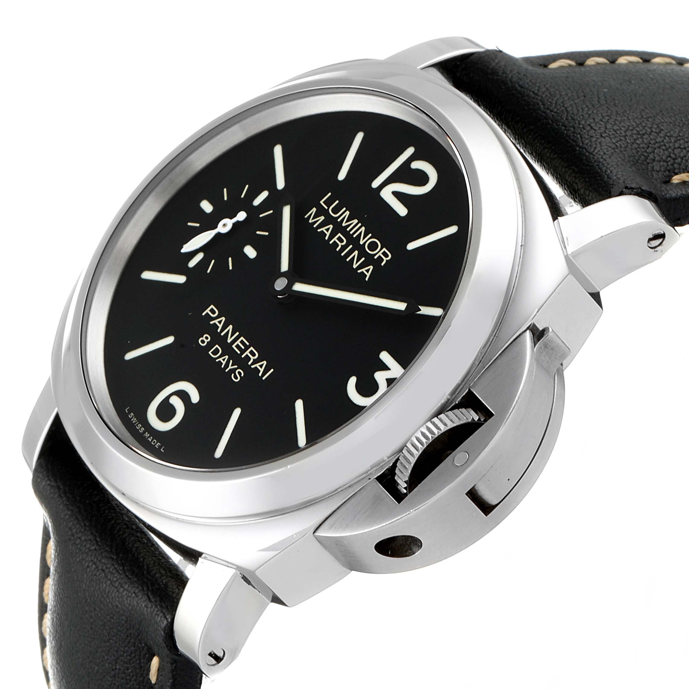 The image shows a Panerai Luminor 30562 Men
s Stainless Steel Black Dial 30562 Men
s Stainless Steel Black Dial Marina watch face, crown guard, and part of the black leather strap at a slight angle.