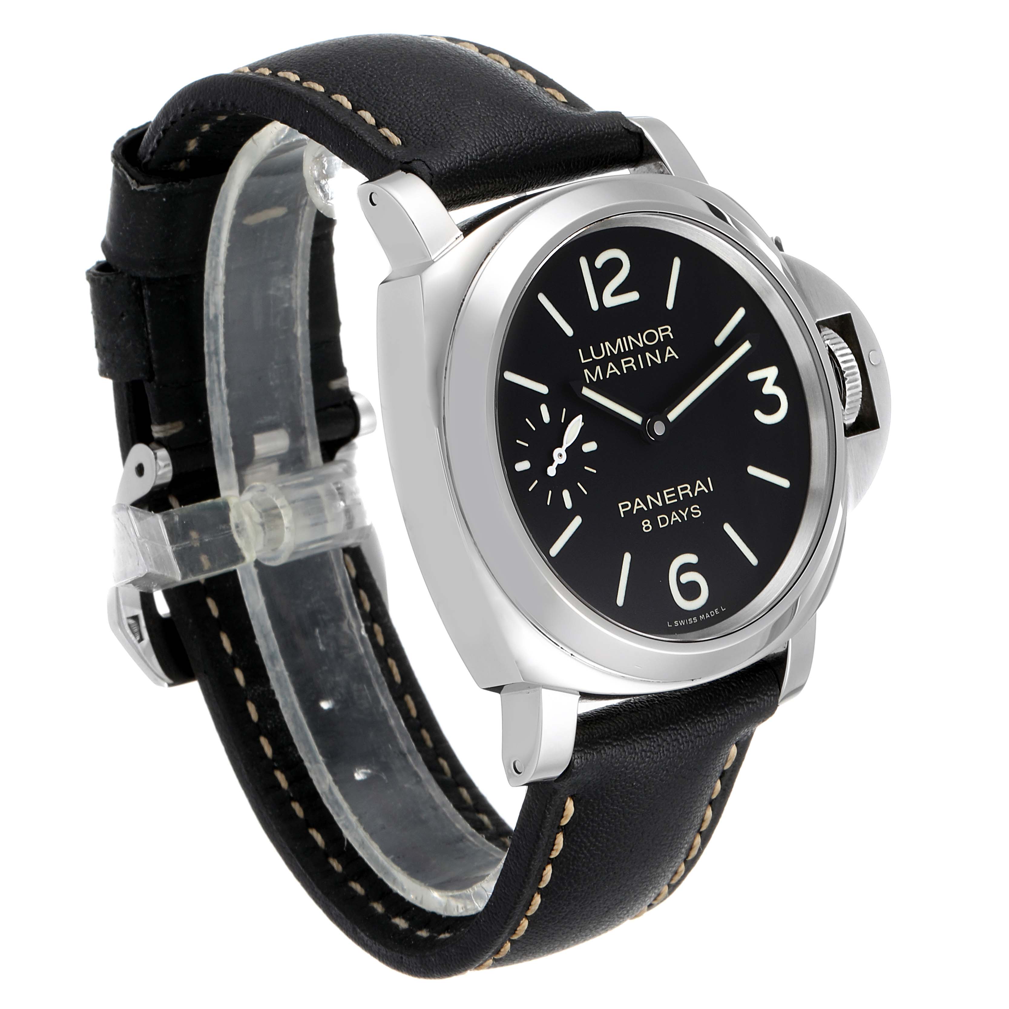 This image shows a Panerai Luminor 30562 Men
s Stainless Steel Black Dial 30562 Men
s Stainless Steel Black Dial Marina watch at a 3/4 angle, displaying the face, band, and crown protector.