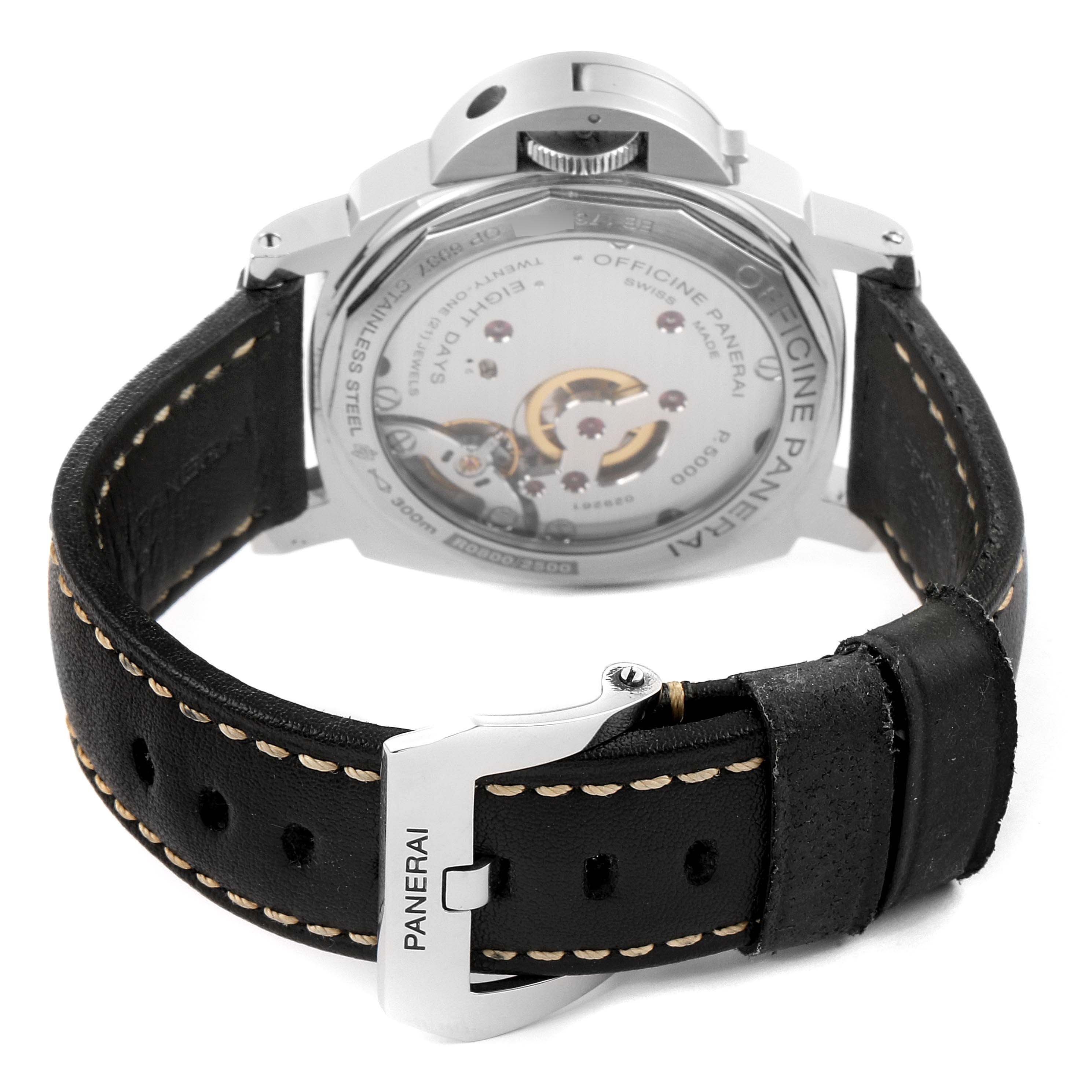 This image shows the back and side of the Panerai Luminor 30562 Men
s Stainless Steel Black Dial 30562 Men
s Stainless Steel Black Dial watch, highlighting its movement and black leather strap with a buckle.