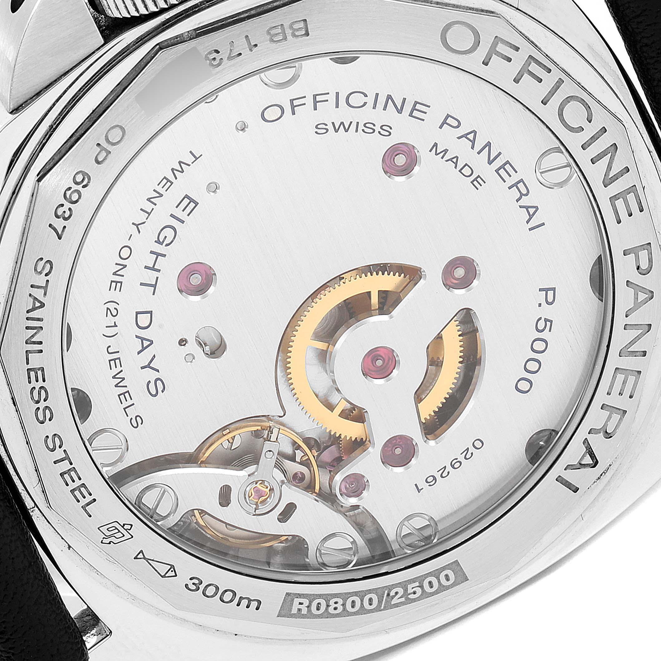 The image shows the back case of the Panerai Luminor 30562 Men
s Stainless Steel Black Dial 30562 Men
s Stainless Steel Black Dial watch, displaying its mechanical movement and specifications.