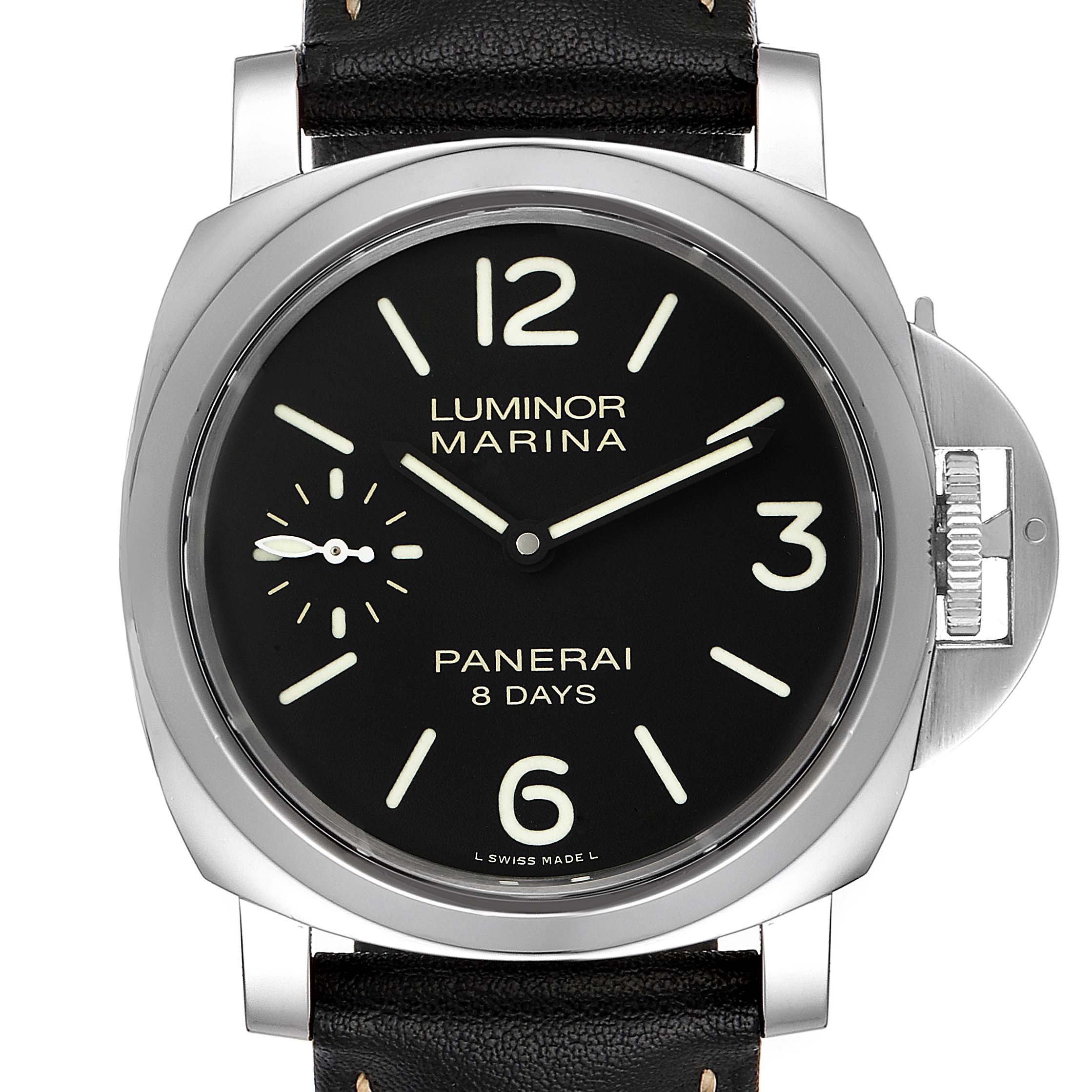 This image shows a front view of a Panerai Luminor 30562 Men
s Stainless Steel Black Dial 30562 Men
s Stainless Steel Black Dial Marina watch, highlighting the dial, crown guard, and leather strap.