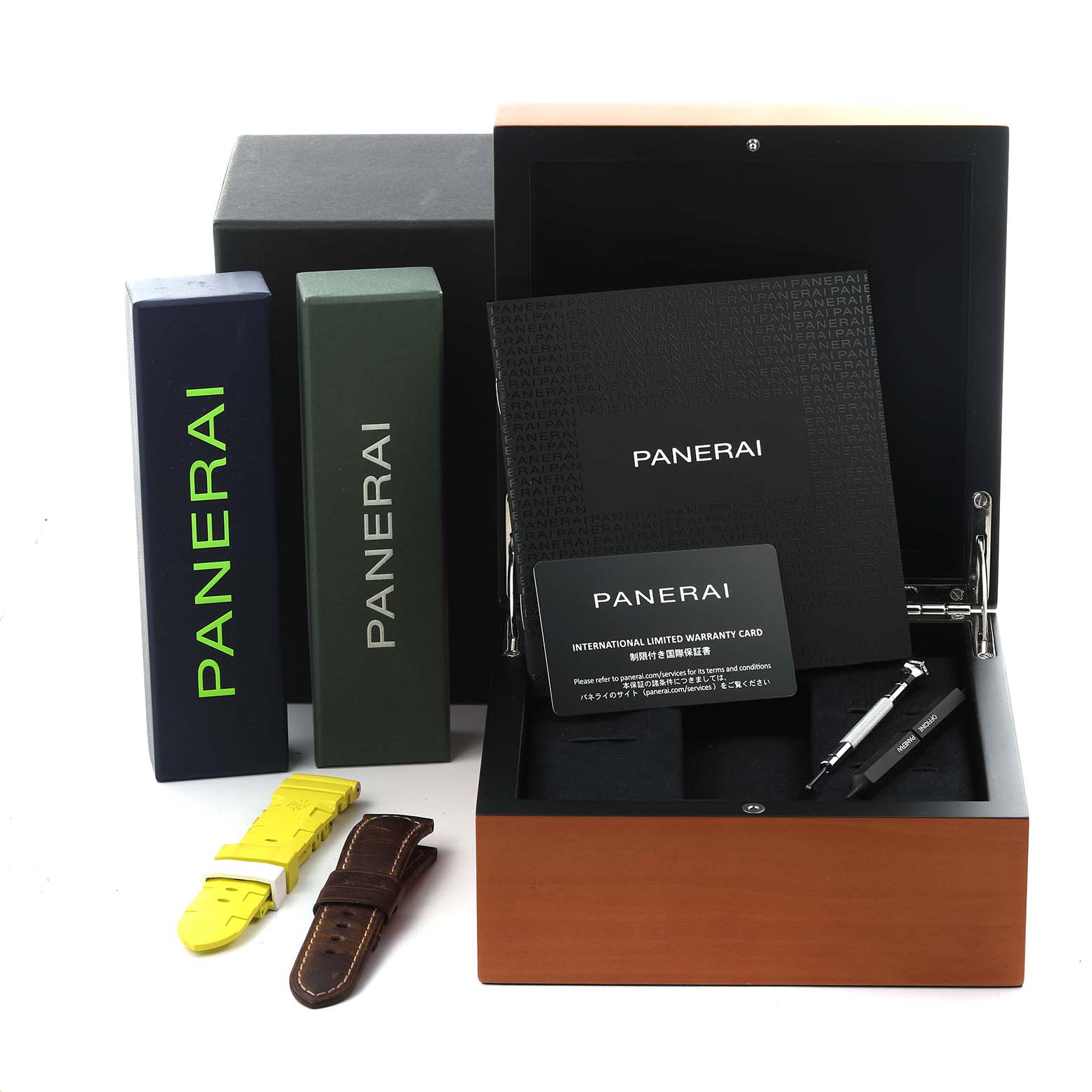 The image shows Panerai Submersible PAM01226 Men's Stainless Steel White Dial PAM01226 Men's Stainless Steel White Dial accessories, including boxes, straps, tools, warranty card, and a booklet from a front angle.