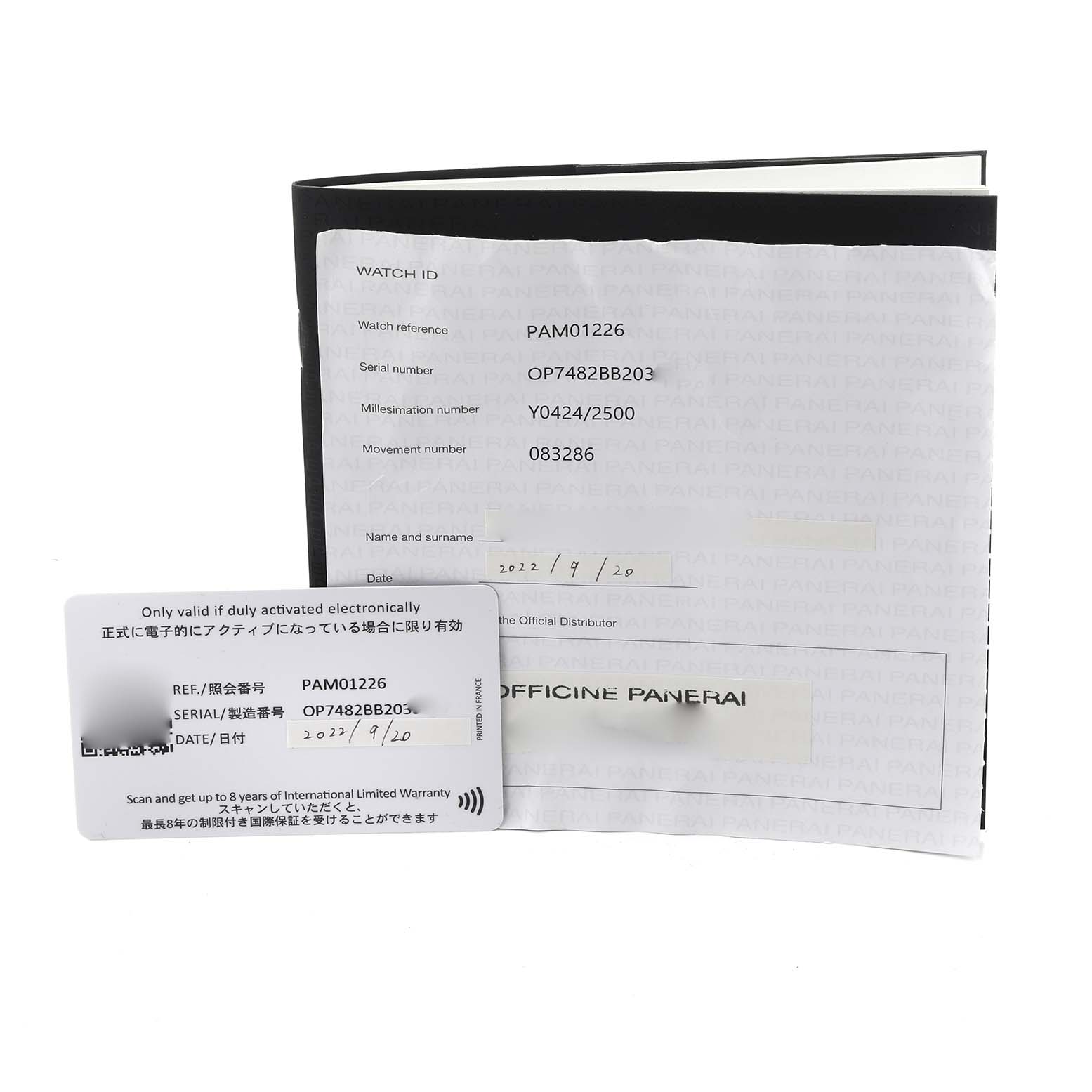 The image shows the warranty card and documentation for a Panerai Submersible PAM01226 Men's Stainless Steel White Dial PAM01226 Men's Stainless Steel White Dial watch.