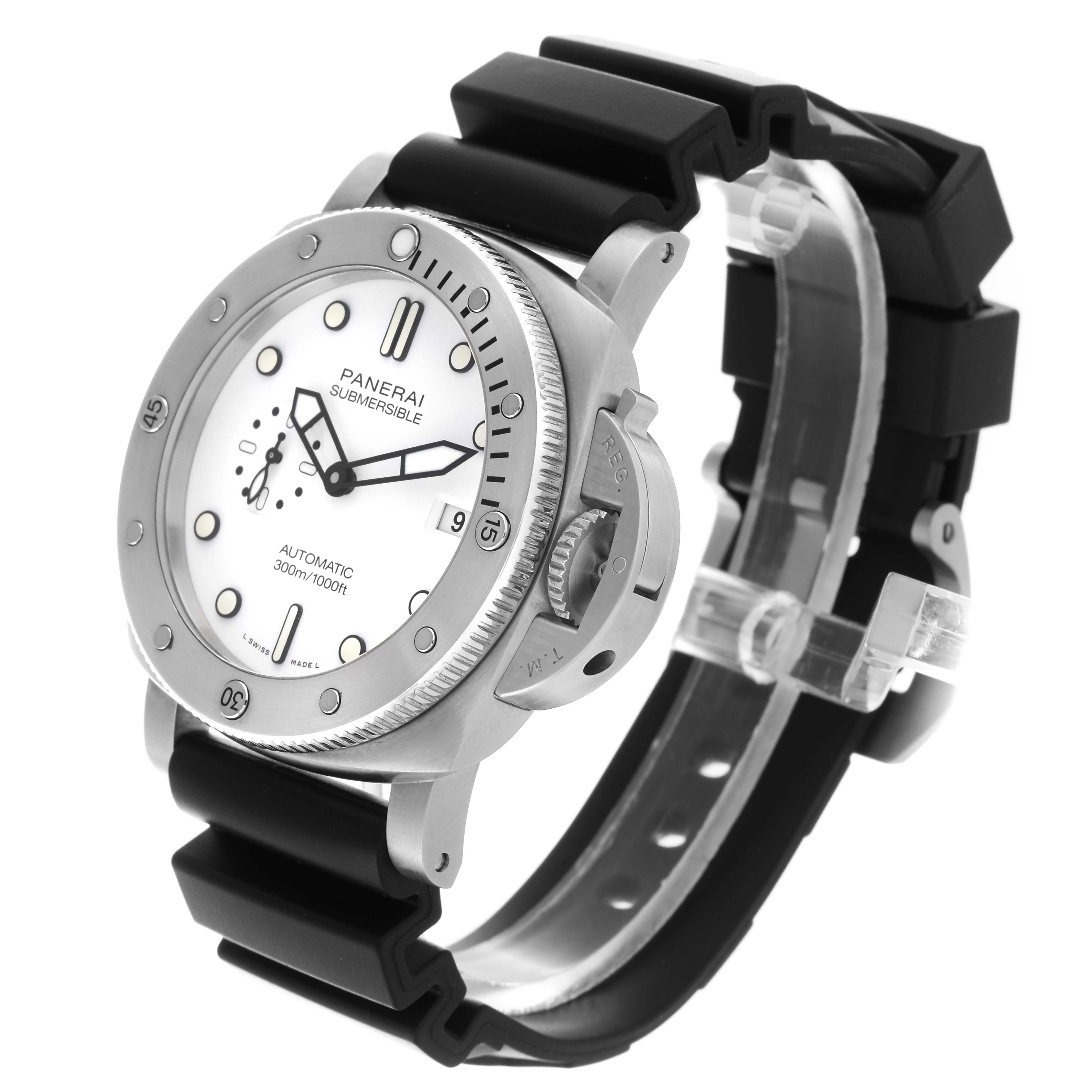 The Panerai Submersible PAM01226 Men's Stainless Steel White Dial PAM01226 Men's Stainless Steel White Dial watch is shown at a three-quarter angle, highlighting the dial, bezel, strap, and crown guard.