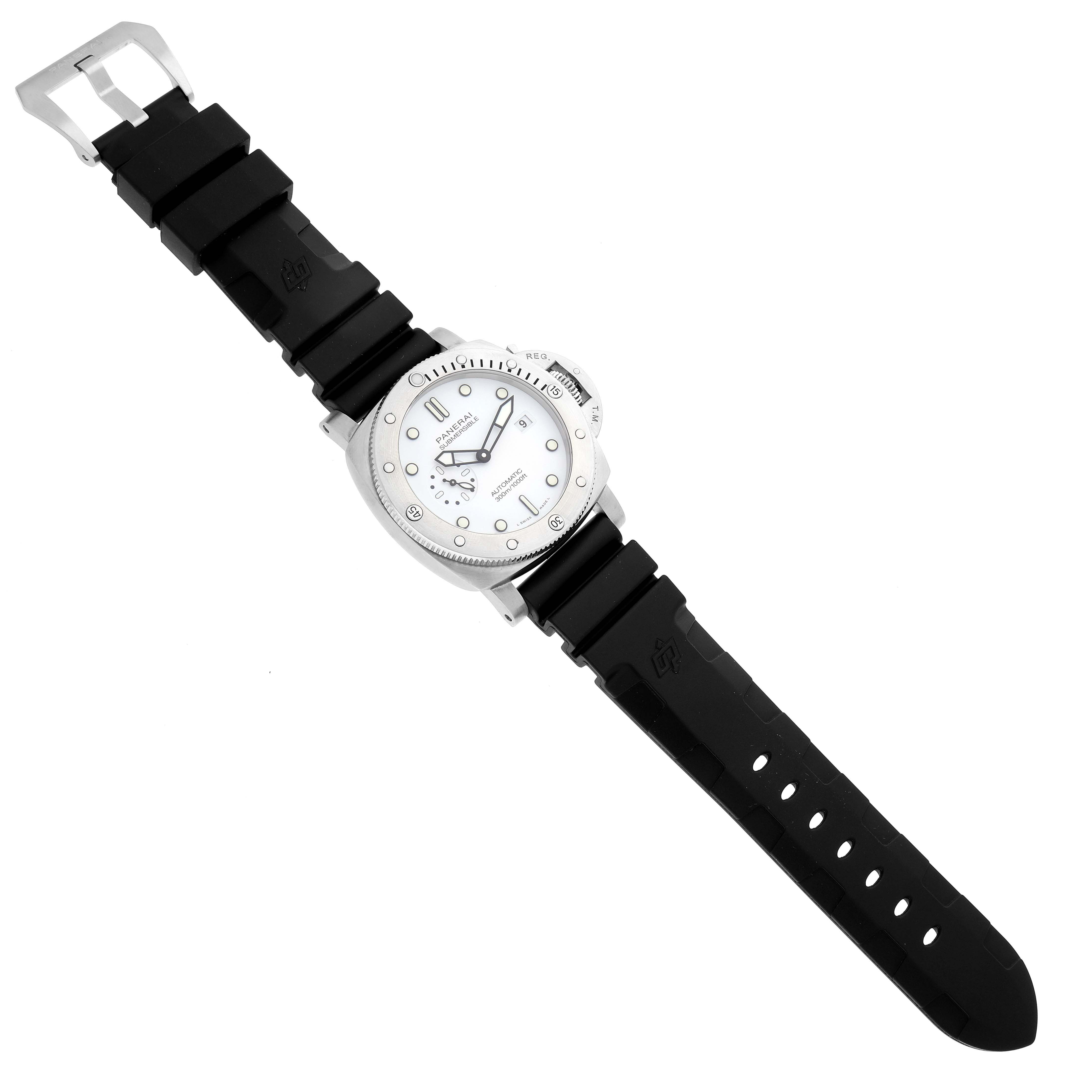 The Panerai Submersible PAM01226 Men's Stainless Steel White Dial PAM01226 Men's Stainless Steel White Dial watch is shown from above, displaying the entire face, bezel, and rubber strap.