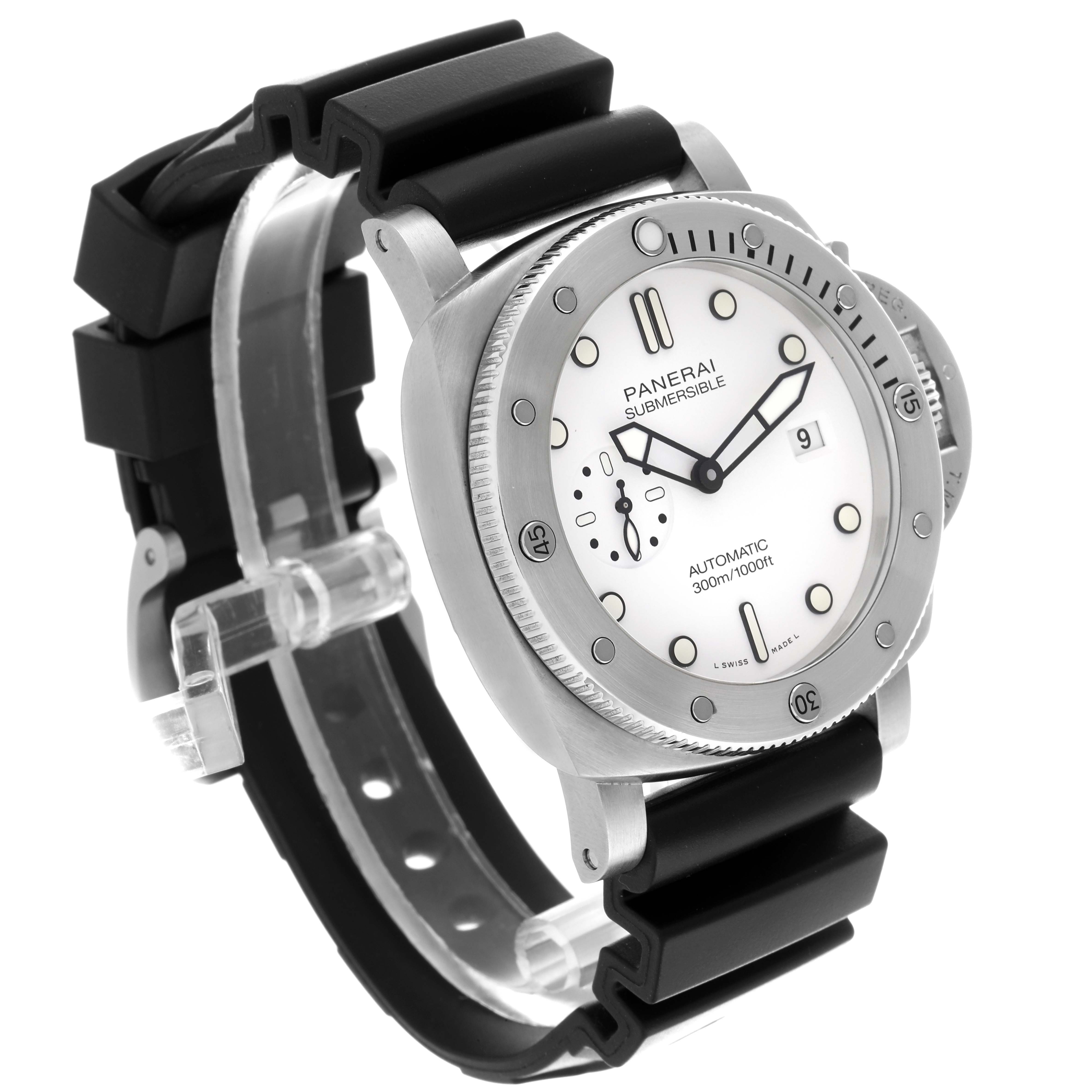 The Panerai Submersible PAM01226 Men's Stainless Steel White Dial PAM01226 Men's Stainless Steel White Dial watch is shown at a slight angle highlighting the face, bezel, crown guard, and rubber strap.