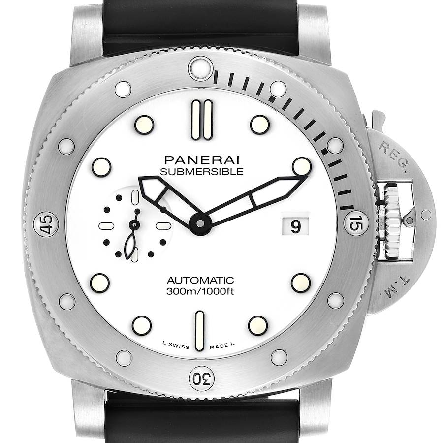 The Panerai Submersible watch is shown from the front, featuring the dial, bezel, and crown guard.