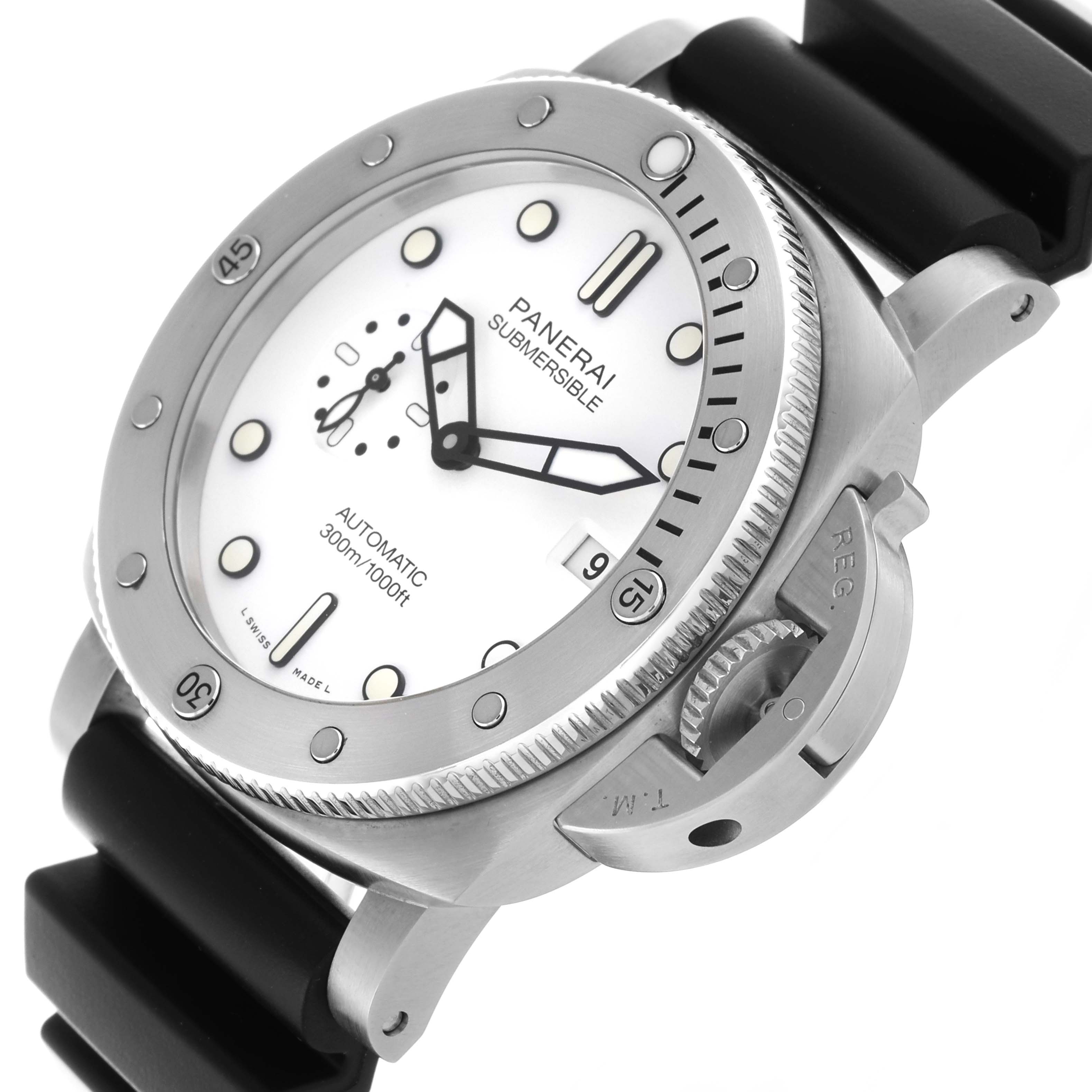 The Panerai Submersible PAM01226 Men's Stainless Steel White Dial PAM01226 Men's Stainless Steel White Dial watch is shown at an angle highlighting the dial, bezel, crown guard, and strap.