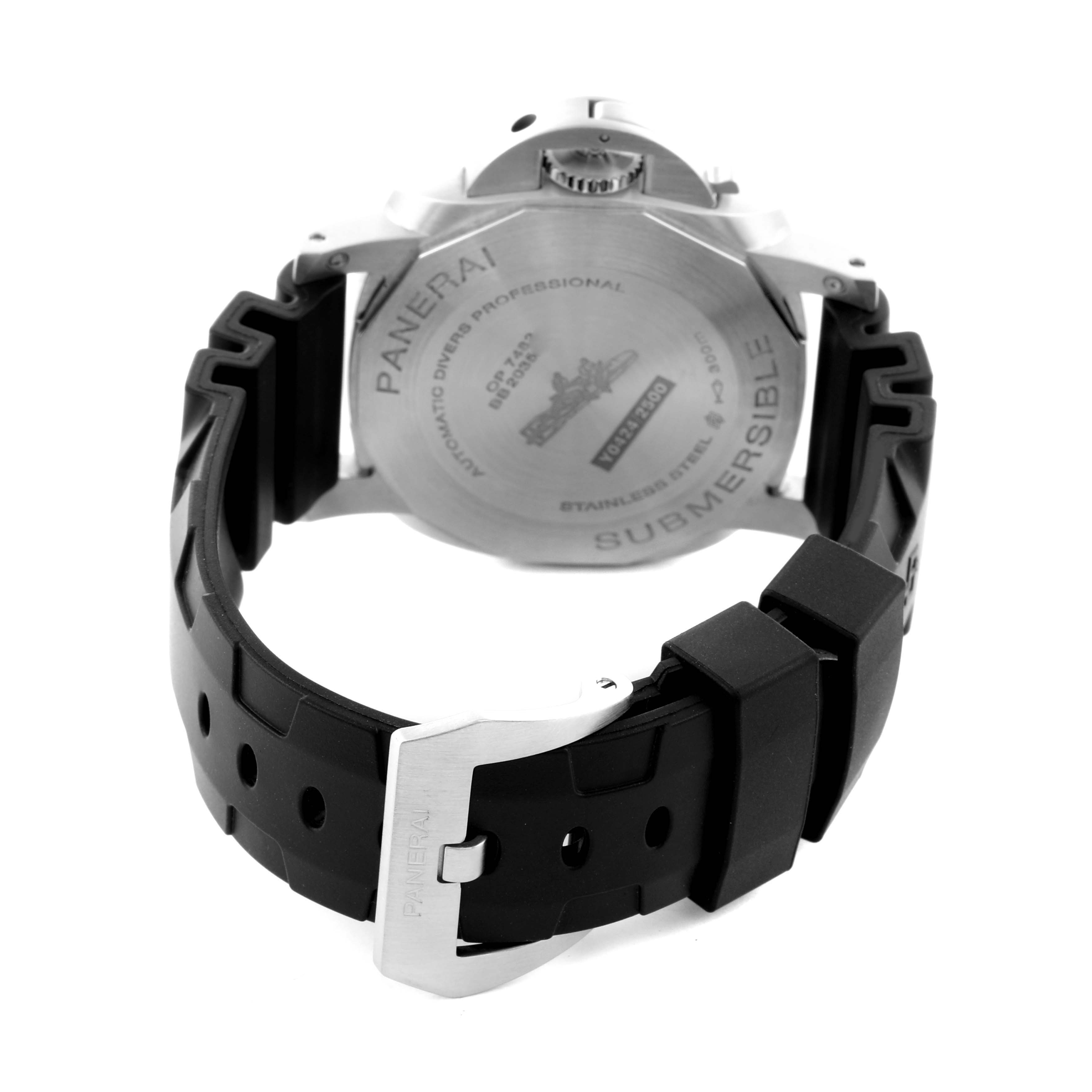 The image shows the back view of a Panerai Submersible PAM01226 Men's Stainless Steel White Dial PAM01226 Men's Stainless Steel White Dial watch, highlighting the case back and rubber strap with buckle.