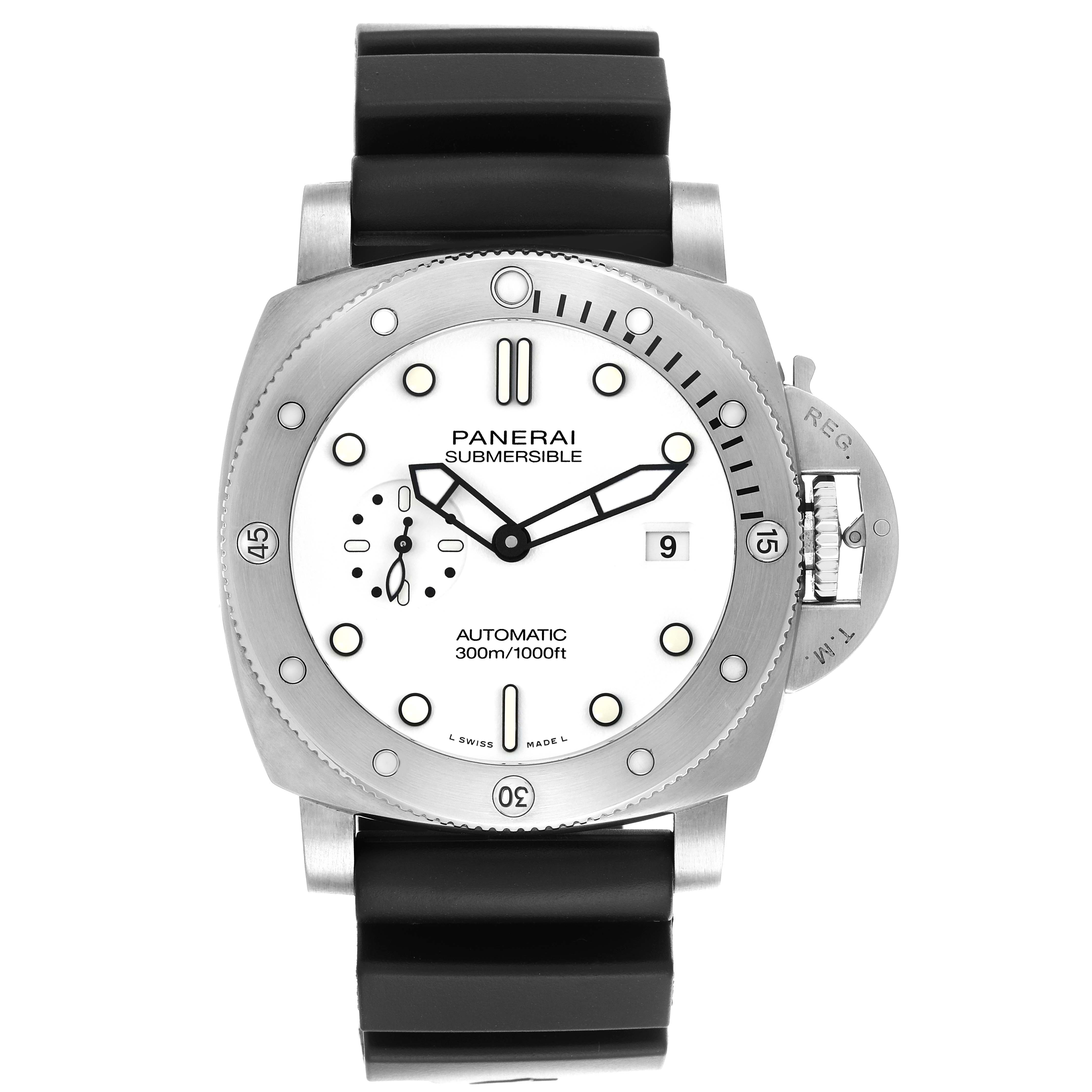 The image shows a front view of the Panerai Submersible PAM01226 Men's Stainless Steel White Dial PAM01226 Men's Stainless Steel White Dial watch, highlighting its dial, bezel, and rubber strap.