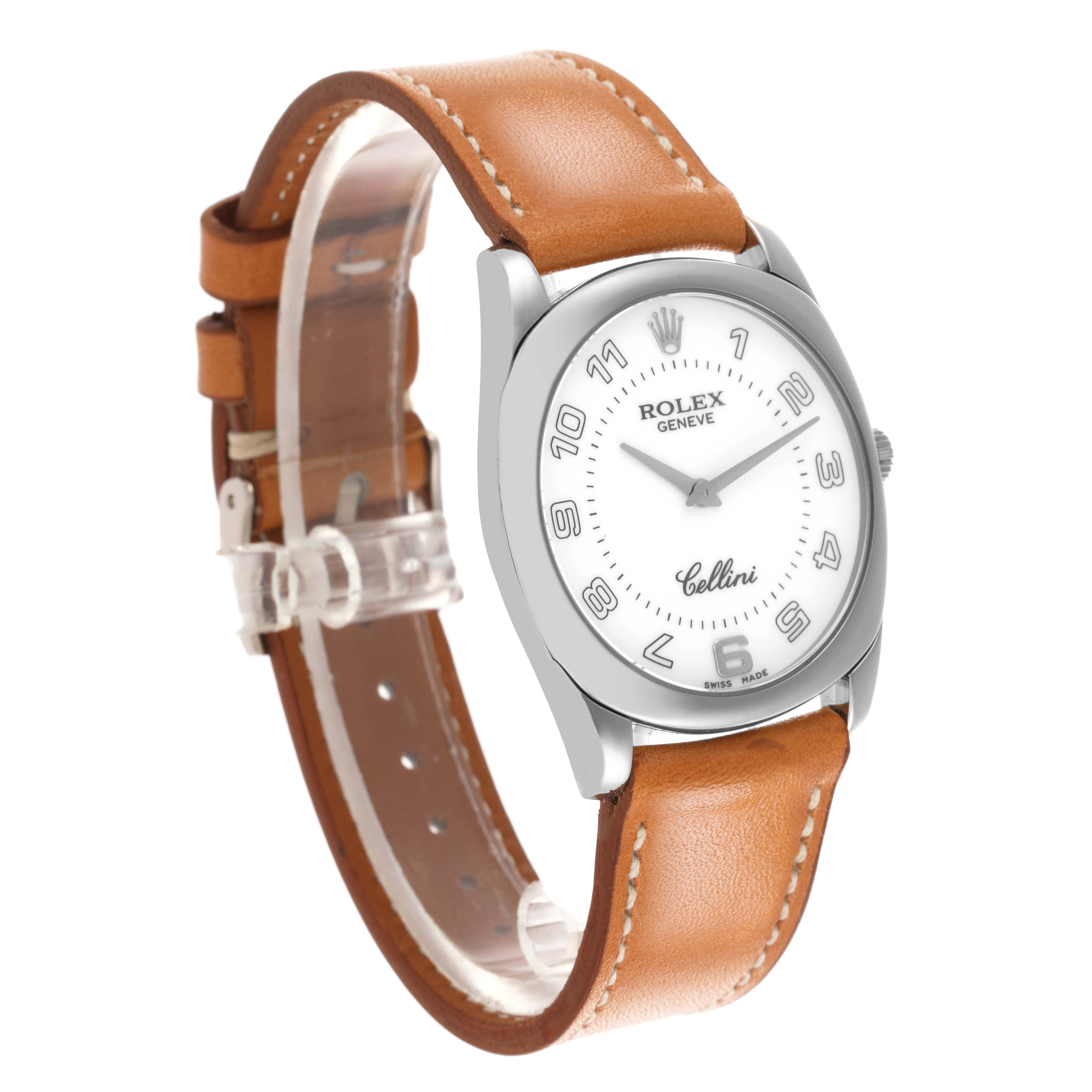 The Rolex Cellini 4233 Men's White Gold White Dial 4233 Men's White Gold White Dial watch is shown at a three-quarter angle, displaying the face, case, and leather strap.