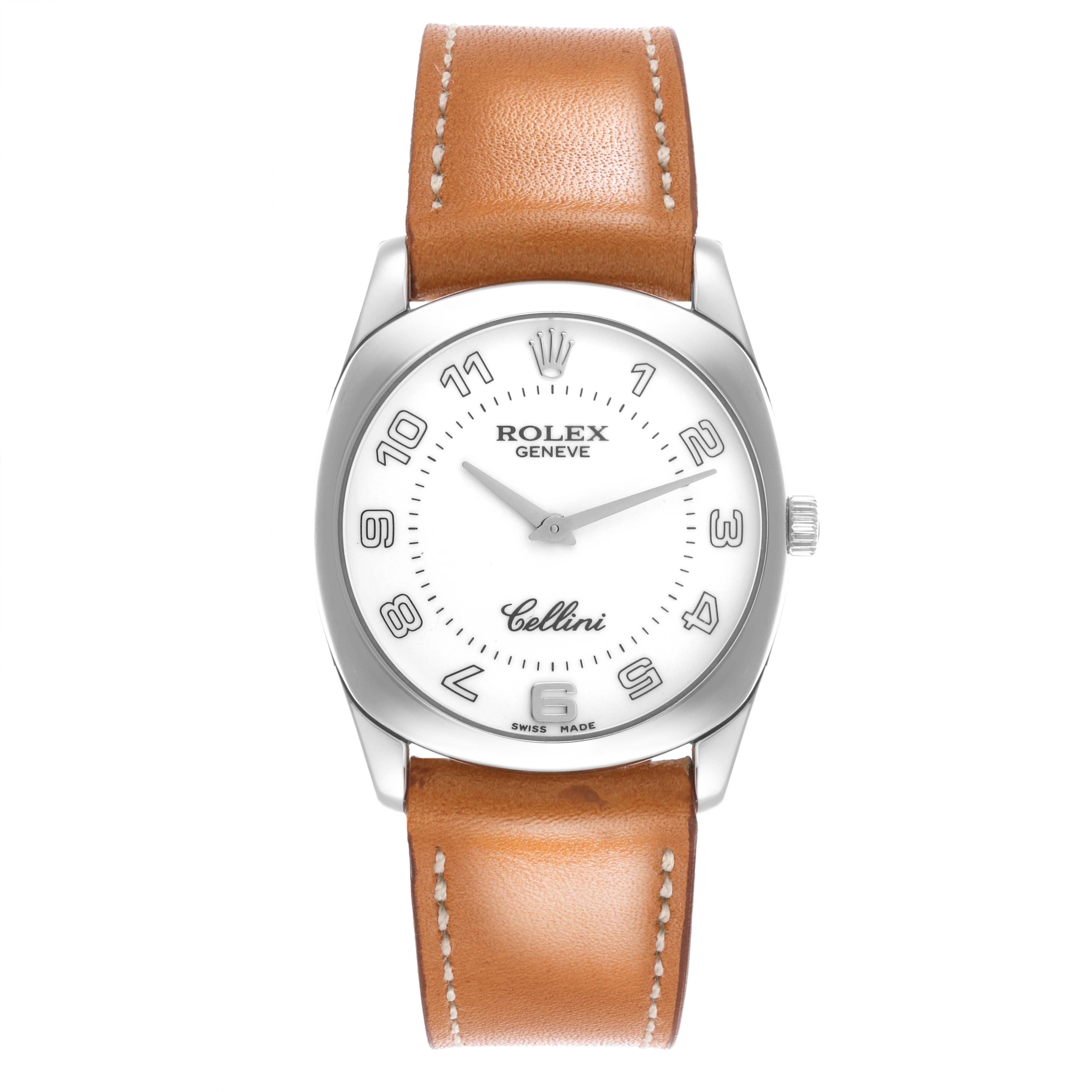 The Rolex Cellini 4233 Men's White Gold White Dial 4233 Men's White Gold White Dial watch is shown from the front, displaying its dial, bezel, crown, and brown leather strap.