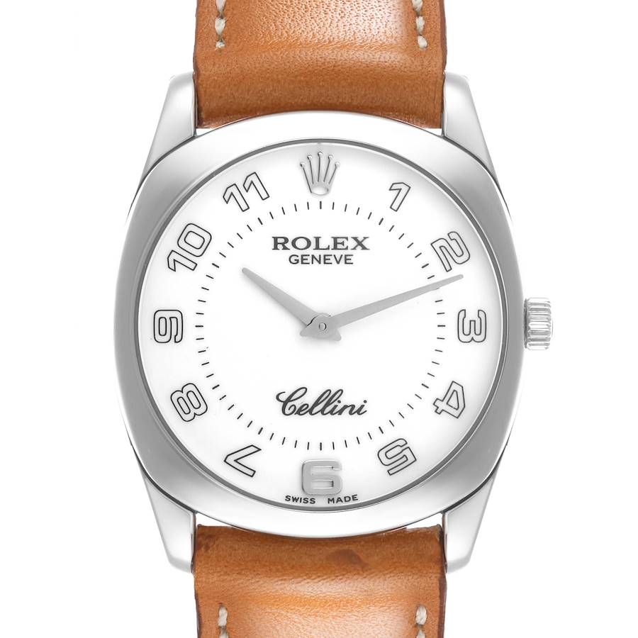 The Rolex Cellini watch is shown from a front angle, highlighting the dial and brown leather strap.