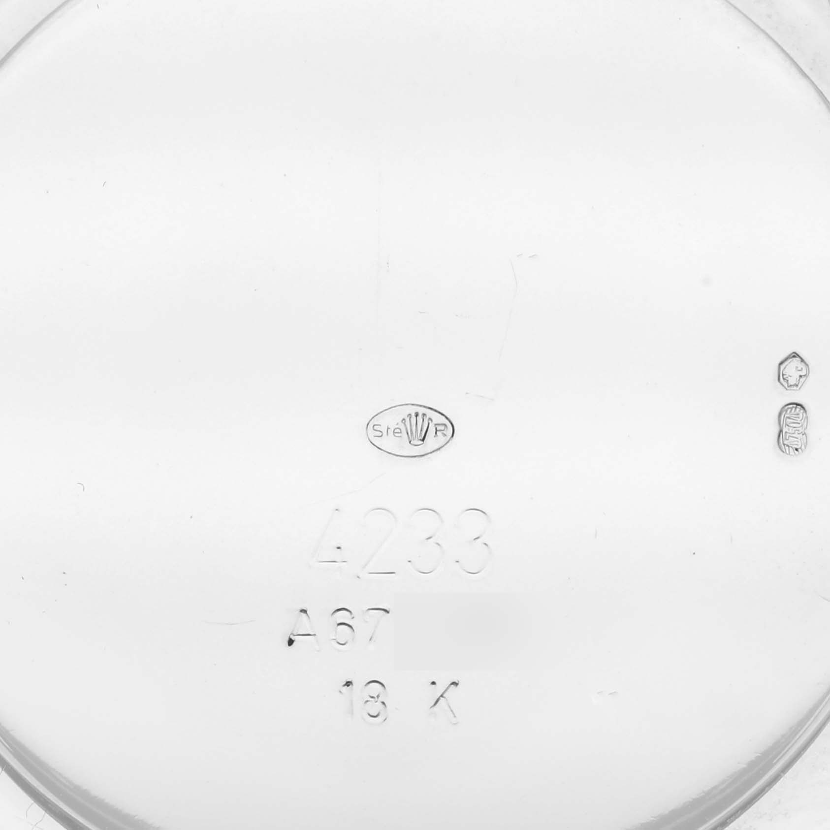 The image shows the interior case back of a Rolex Cellini 4233 Men's White Gold White Dial 4233 Men's White Gold White Dial watch, displaying model number and quality marks.