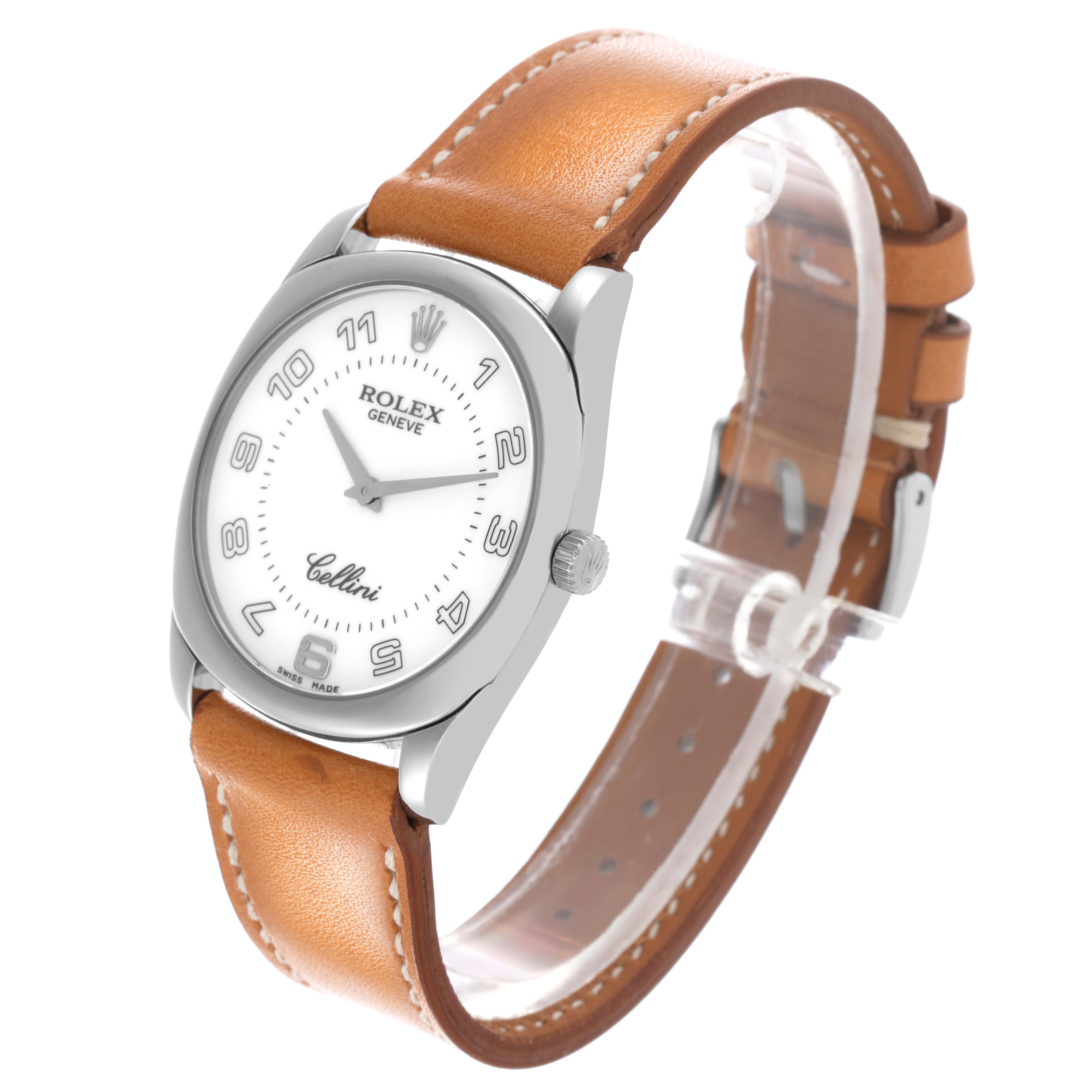 The Rolex Cellini 4233 Men's White Gold White Dial 4233 Men's White Gold White Dial watch is shown at a three-quarter angle, displaying the face, case, crown, and leather strap.