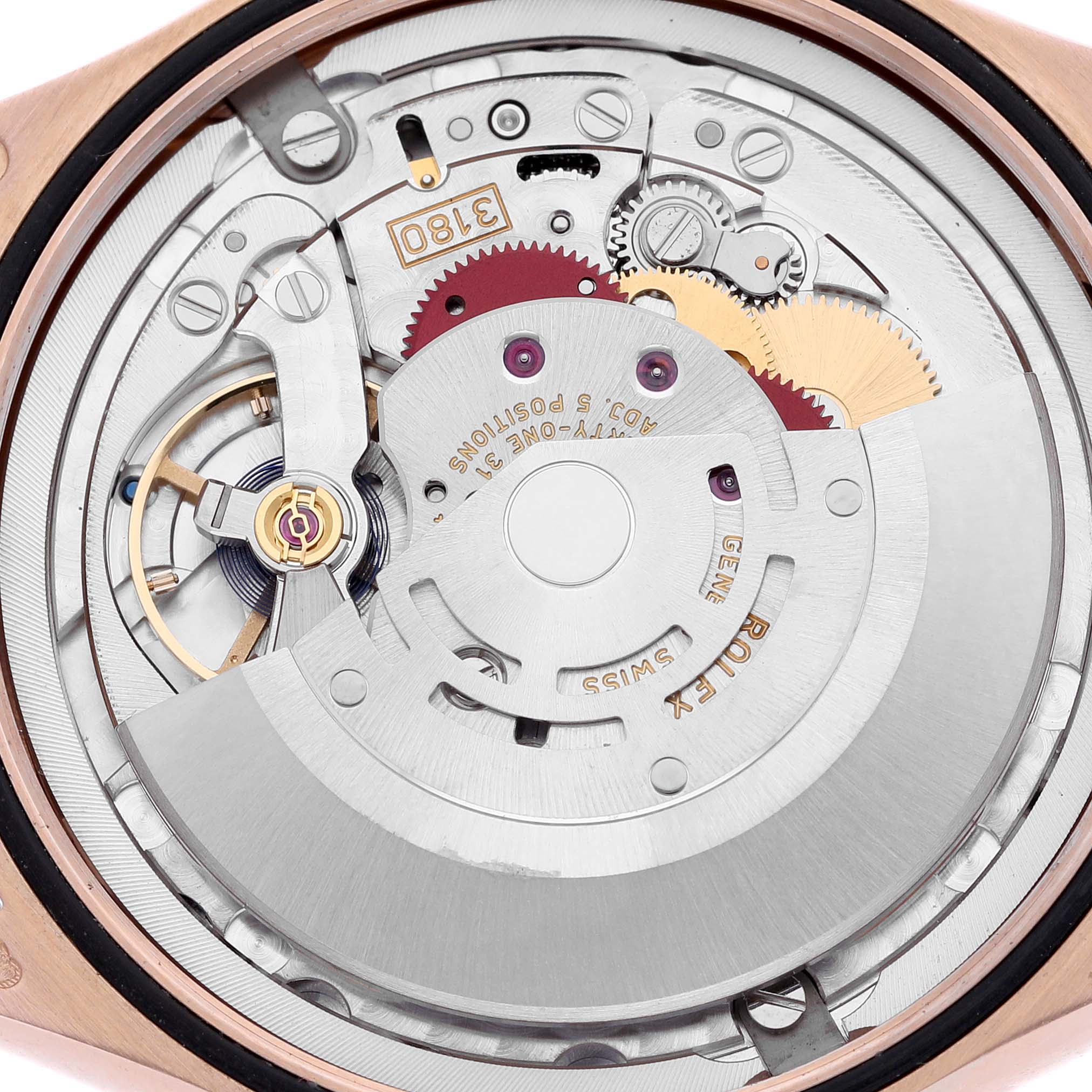 The image shows the internal mechanism of a Rolex Cellini 50525 Men's Rose Gold Brown Dial 50525 Men's Rose Gold Brown Dial watch from a back view.