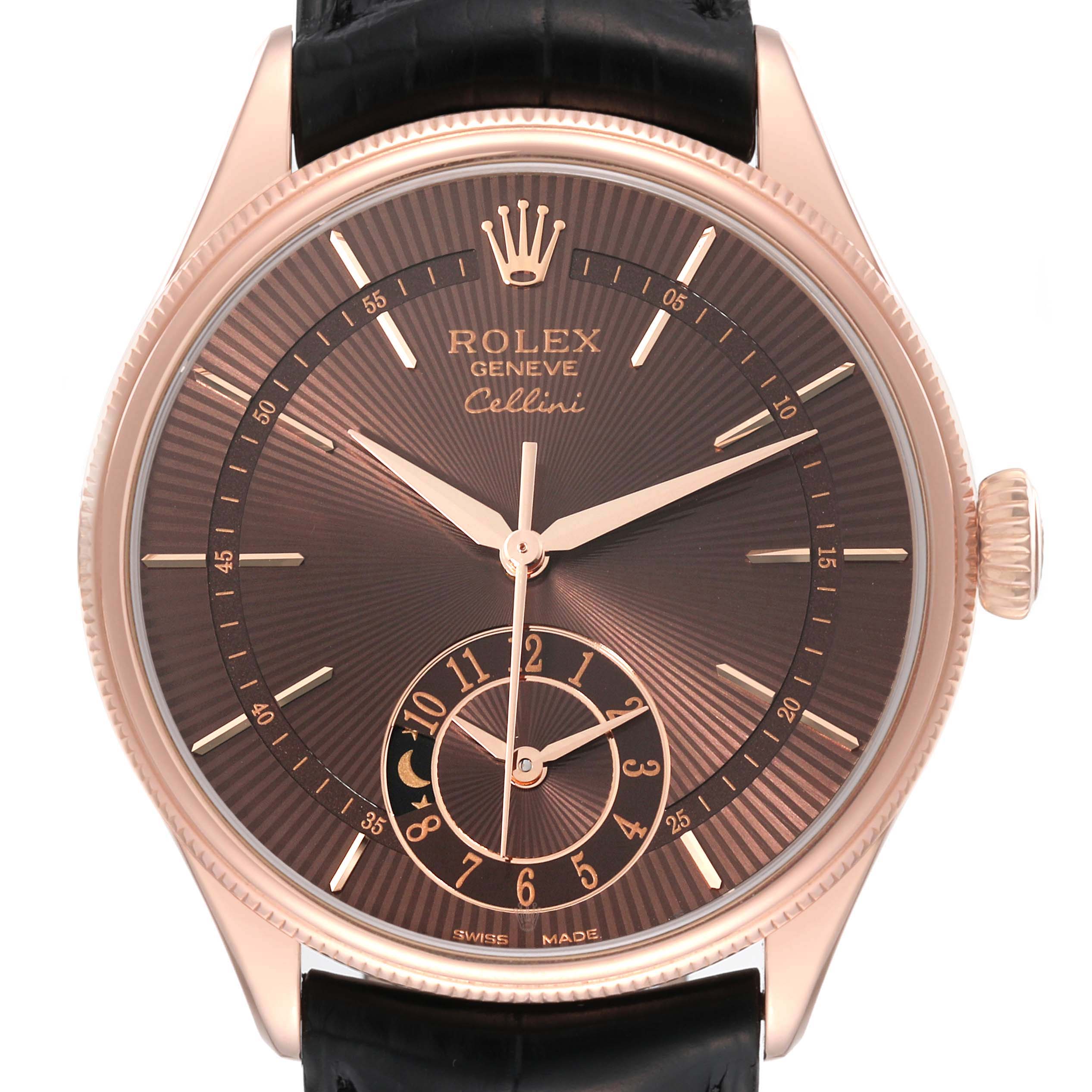 The image shows a front view of a Rolex Cellini 50525 Men's Rose Gold Brown Dial 50525 Men's Rose Gold Brown Dial watch, highlighting the dial, hands, crown, and part of the strap.