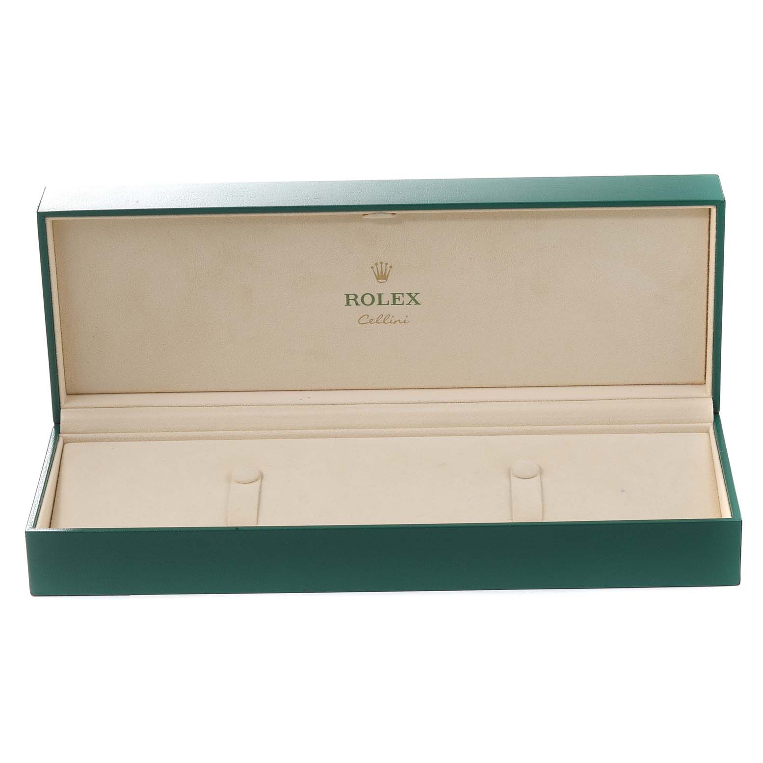 An open Rolex Cellini 50525 Men's Rose Gold Brown Dial 50525 Men's Rose Gold Brown Dial watch box is shown from a straight-on angle, displaying its interior.