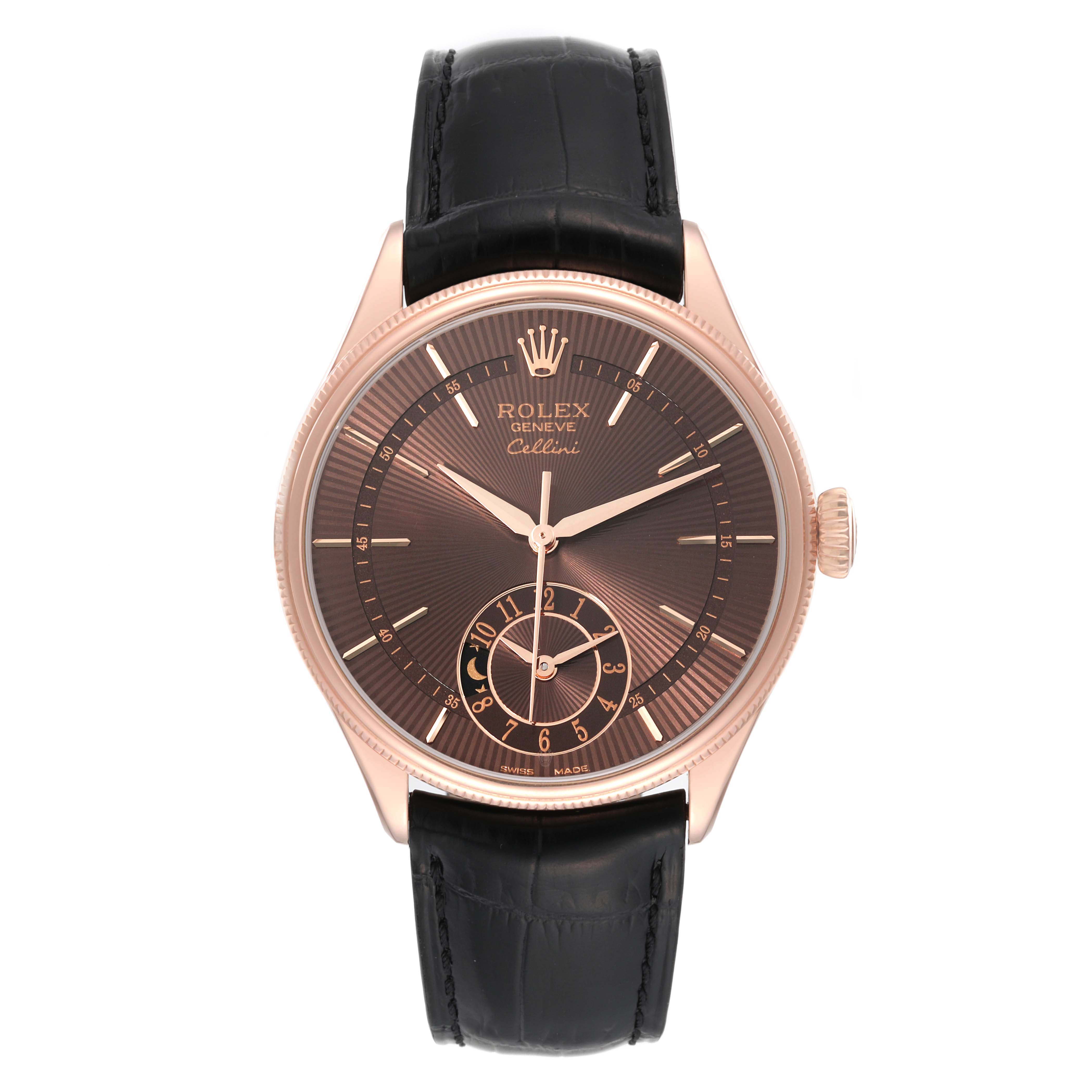 This is a frontal view of the Rolex Cellini 50525 Men's Rose Gold Brown Dial 50525 Men's Rose Gold Brown Dial watch, showcasing its dial, hands, case, crown, and leather strap.