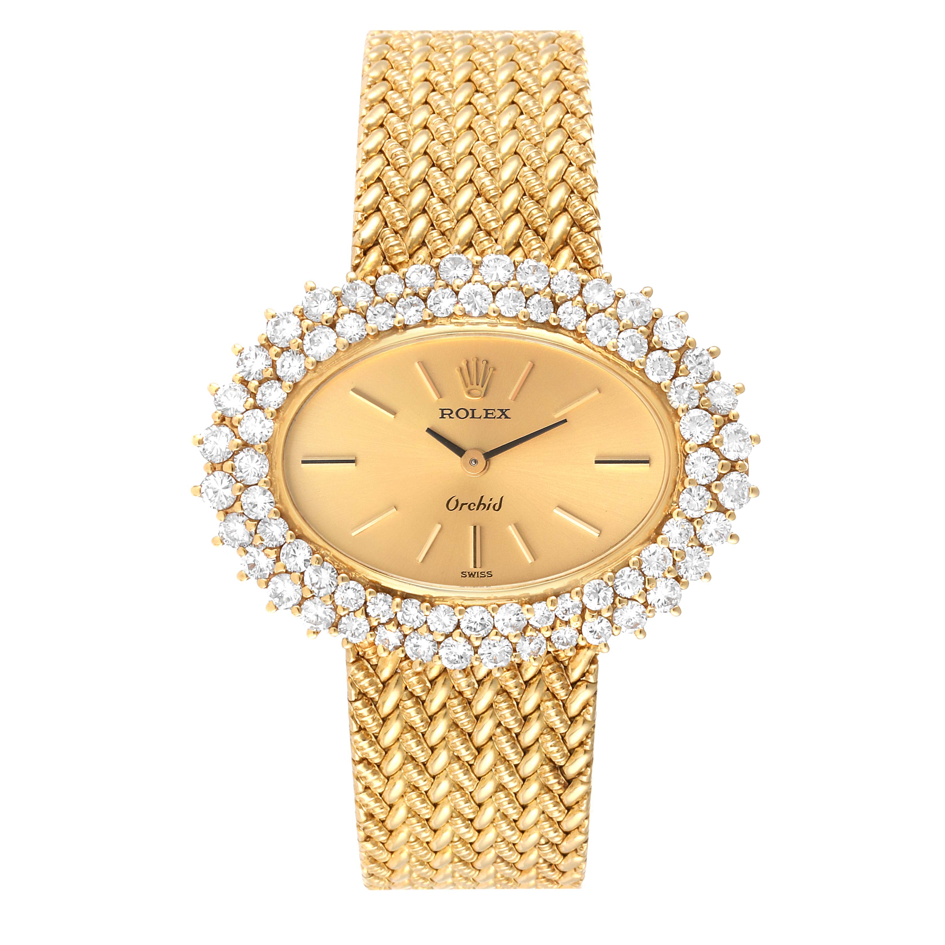 This image shows a front view of the Rolex Cellini 2674 Women's Yellow Gold Champagne Dial 2674 Women's Yellow Gold Champagne Dial model watch, featuring its gold face, diamond bezel, and woven gold bracelet.