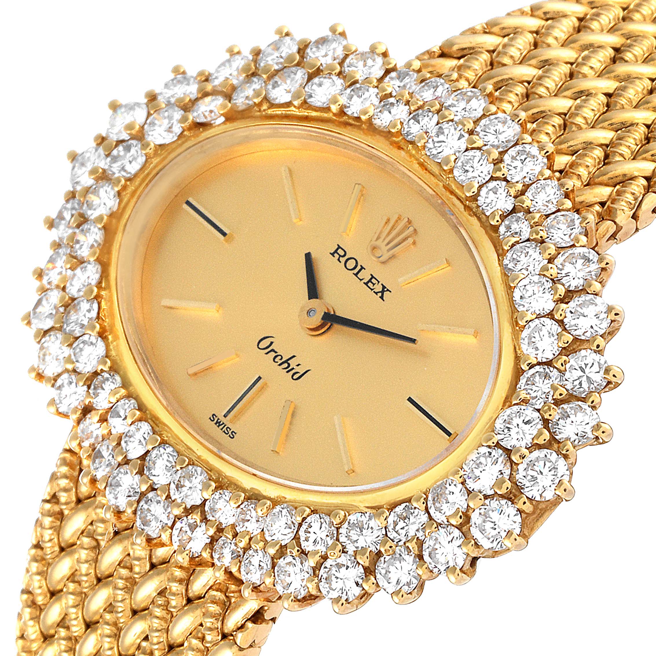The image shows a close-up of the dial and bracelet of a Rolex Cellini 2674 Women's Yellow Gold Champagne Dial 2674 Women's Yellow Gold Champagne Dial watch, highlighting the gold finish and diamond-studded bezel.