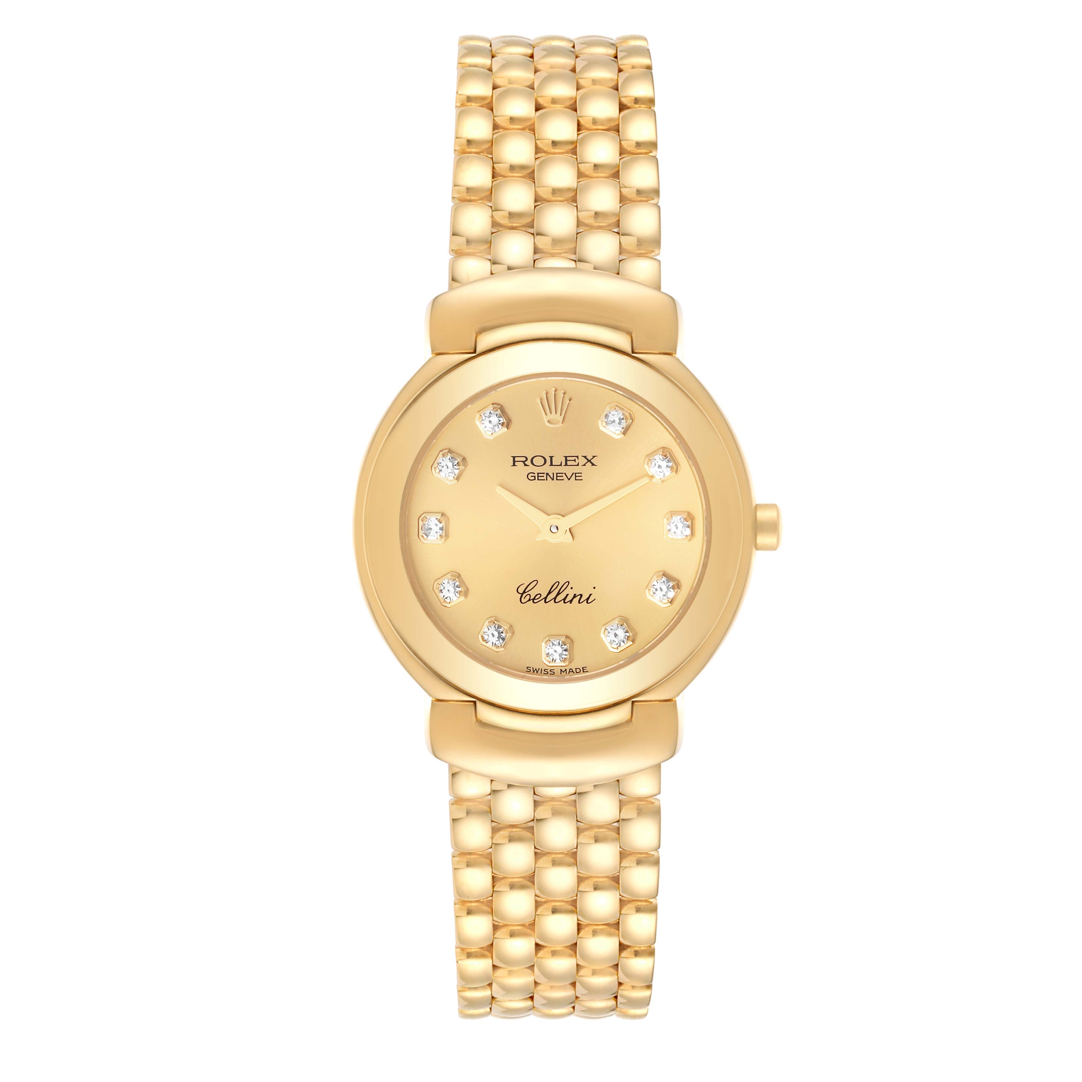 The image shows a frontal view of the Rolex Cellini 6621 Women's Yellow Gold Champagne Dial 6621 Women's Yellow Gold Champagne Dial watch, showcasing its gold case, dial, and bracelet.